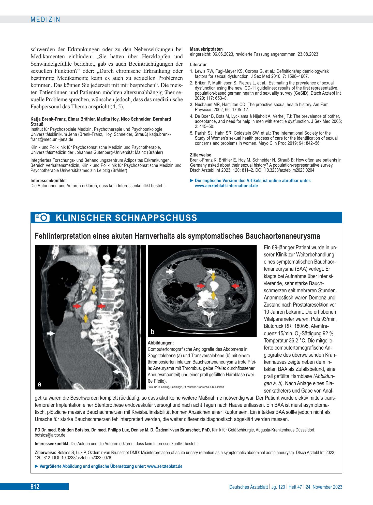 Vorschauseite 1: Fehlinterpretation eines akuten Harnverhalts als symptomatisches Bauchaortenaneurysma – Deutsches Ärzteblatt