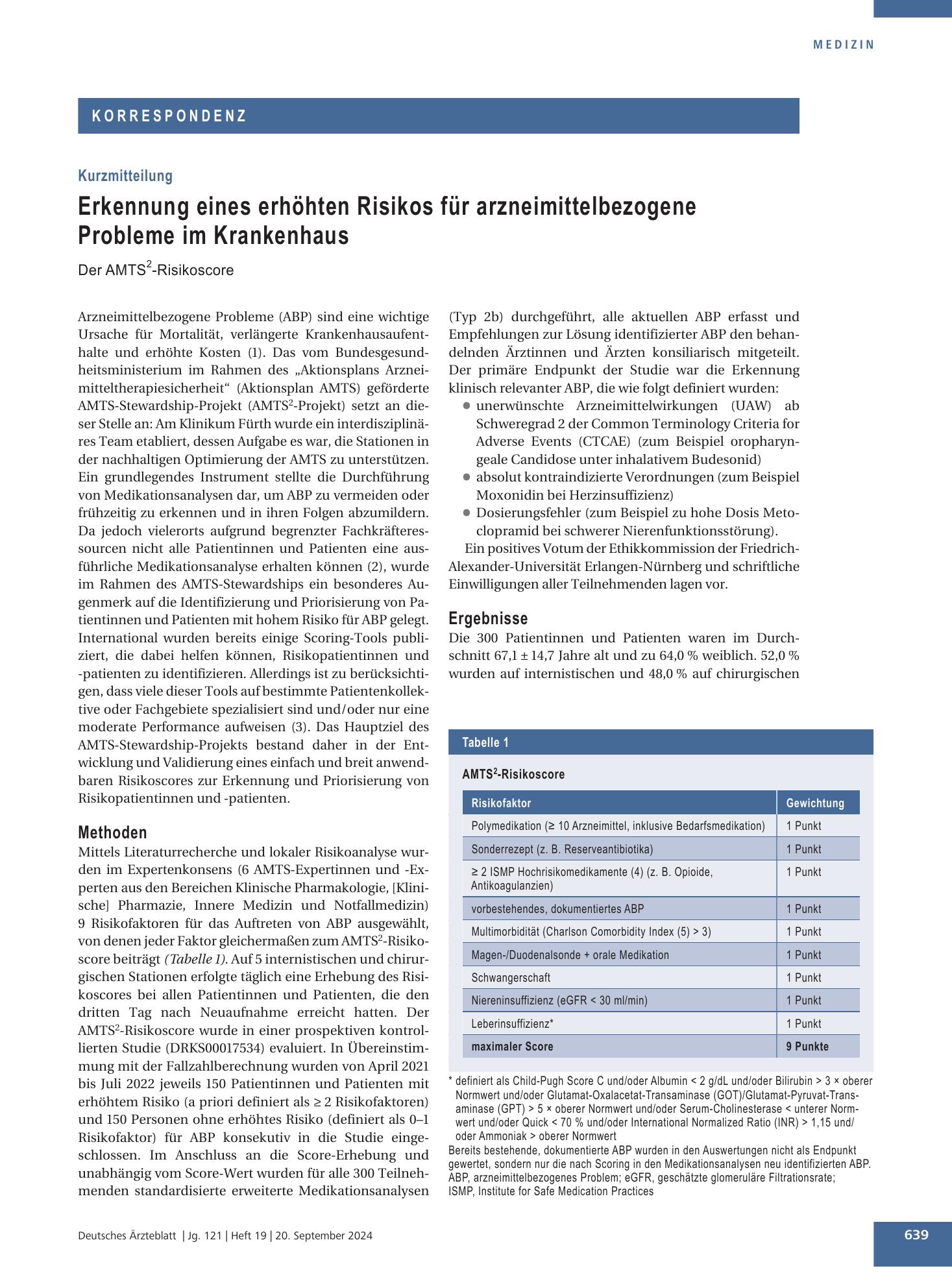 Vorschauseite 1: Erkennung eines erhöhten Risikos für arzneimittelbezogene Probleme im Krankenhaus – Deutsches Ärzteblatt