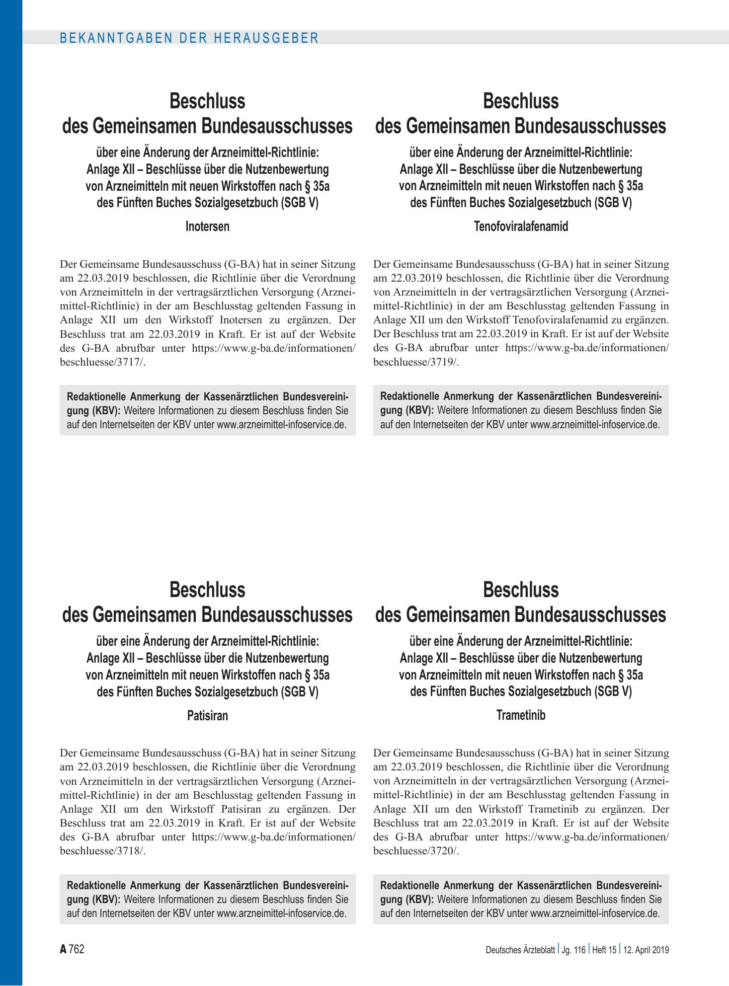 Vorschauseite 1: Beschluss des Gemeinsamen Bundesausschusses über eine Änderung der Arzneimittel-Richtlinie: Anlage XII – Inotersen – Deutsches Ärzteblatt