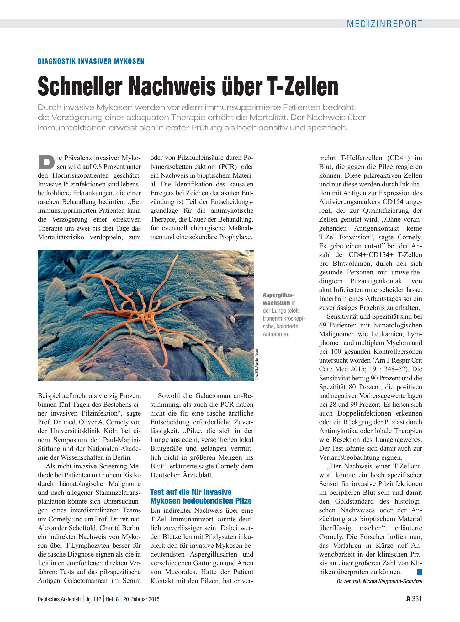 Vorschauseite 1: Diagnostik Invasiver Mykosen: Schneller Nachweis über T-Zellen – Deutsches Ärzteblatt