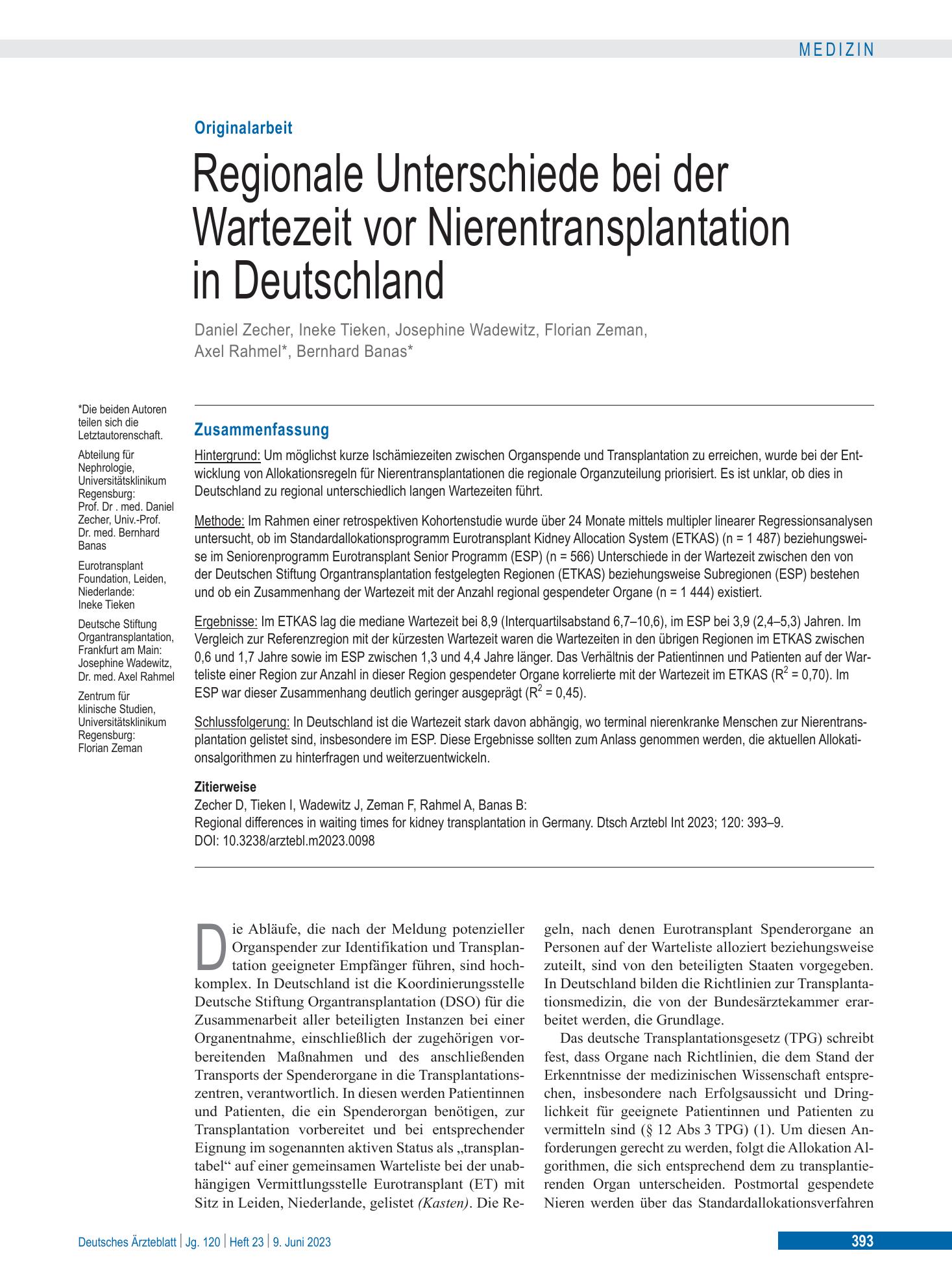 Vorschauseite 1: Regionale Unterschiede bei der Wartezeit vor Nierentransplantation in Deutschland – Deutsches Ärzteblatt