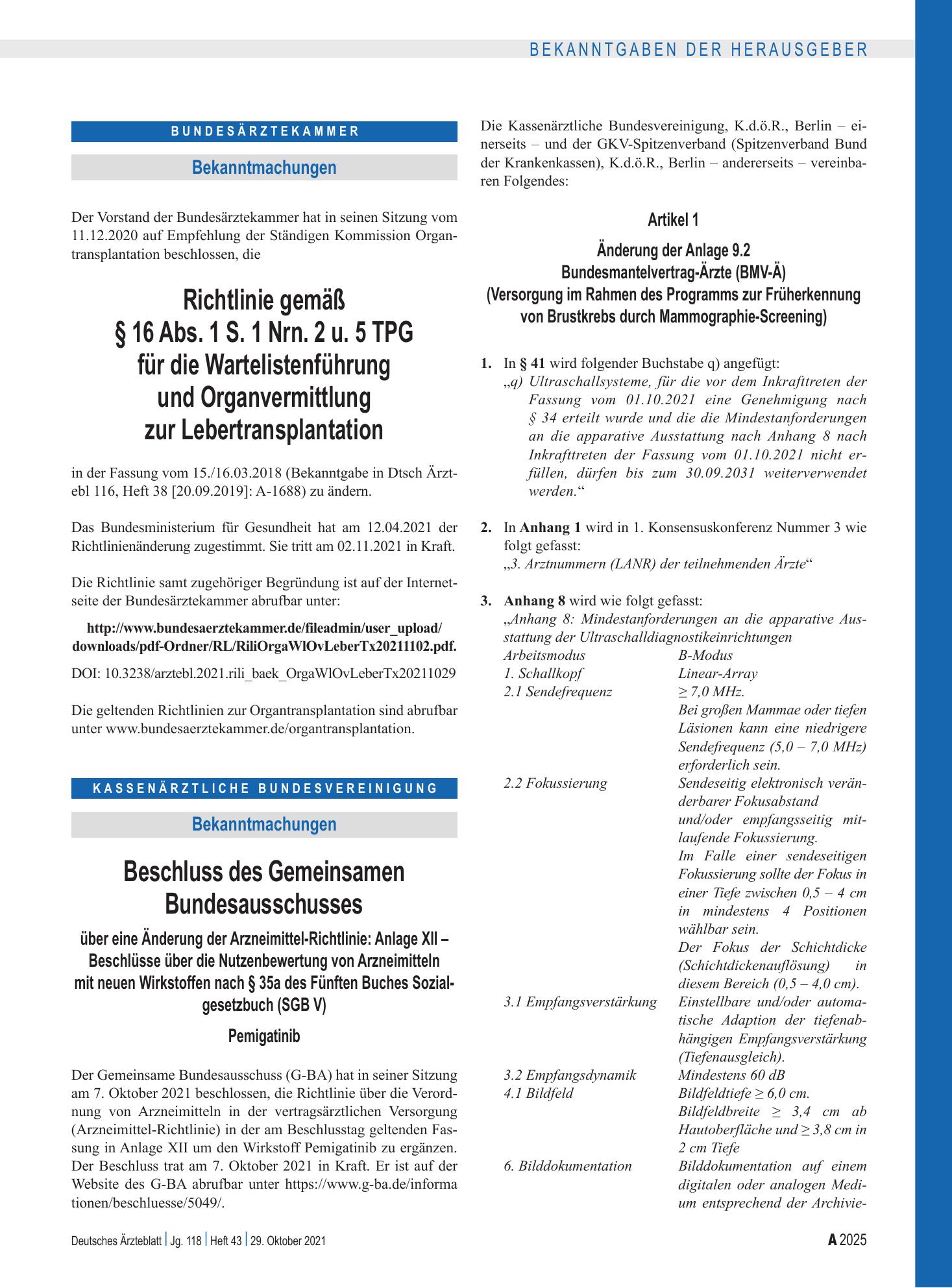 Vorschauseite 1: Änderung der Anlage 9.2 Bundesmantelvertrag-Ärzte (BMV-Ä) (Versorgung im Rahmen des Programms zur Früherkennung von Brustkrebs durch Mammographie-Screening) – Deutsches Ärzteblatt