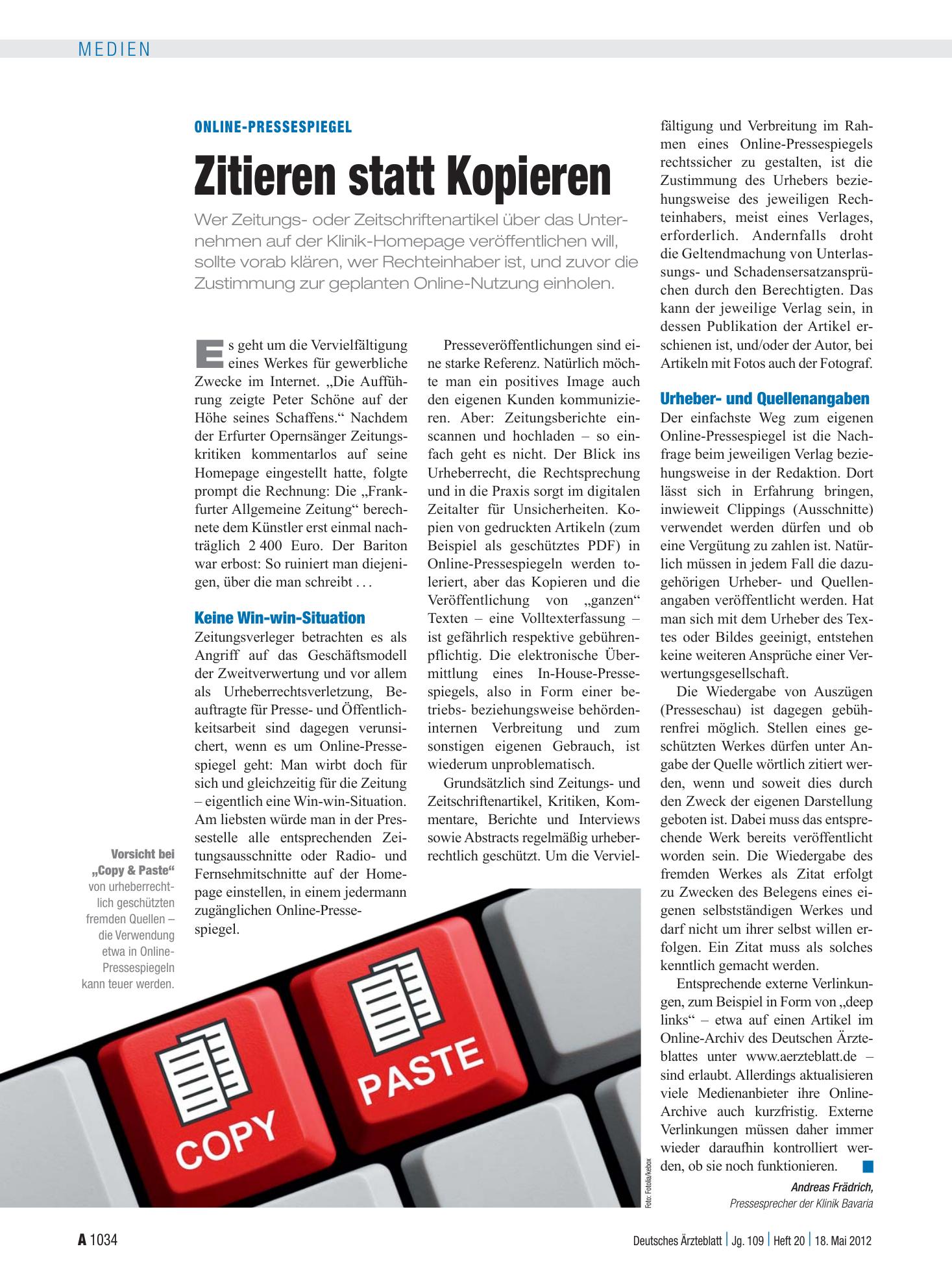 Vorschauseite 1: Online-Pressespiegel: Zitieren statt Kopieren – Deutsches Ärzteblatt