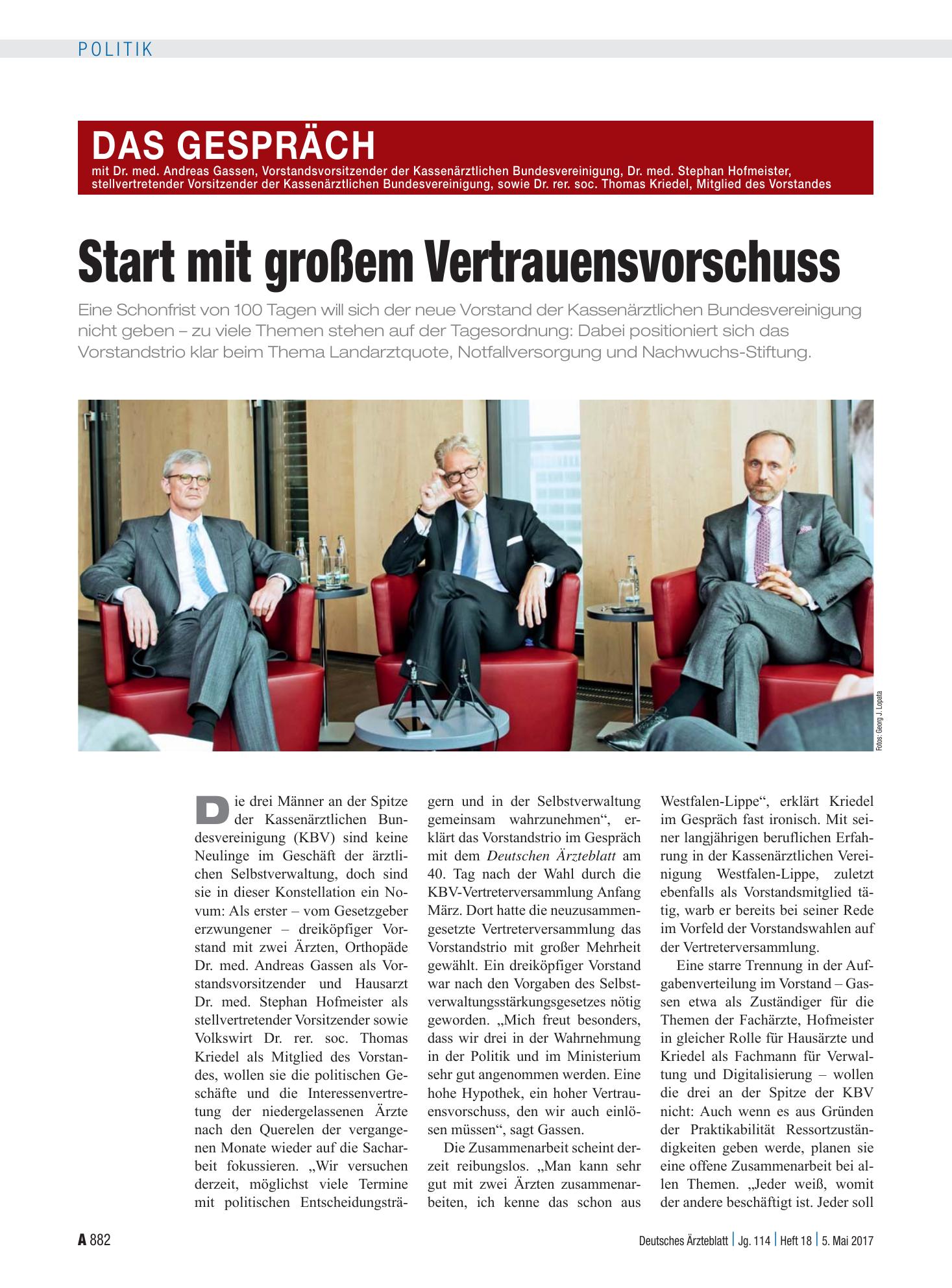 Vorschauseite 1: Das neue Vorstandstrio der KBV im Gespräch: Start mit großem Vertrauensvorschuss – Deutsches Ärzteblatt
