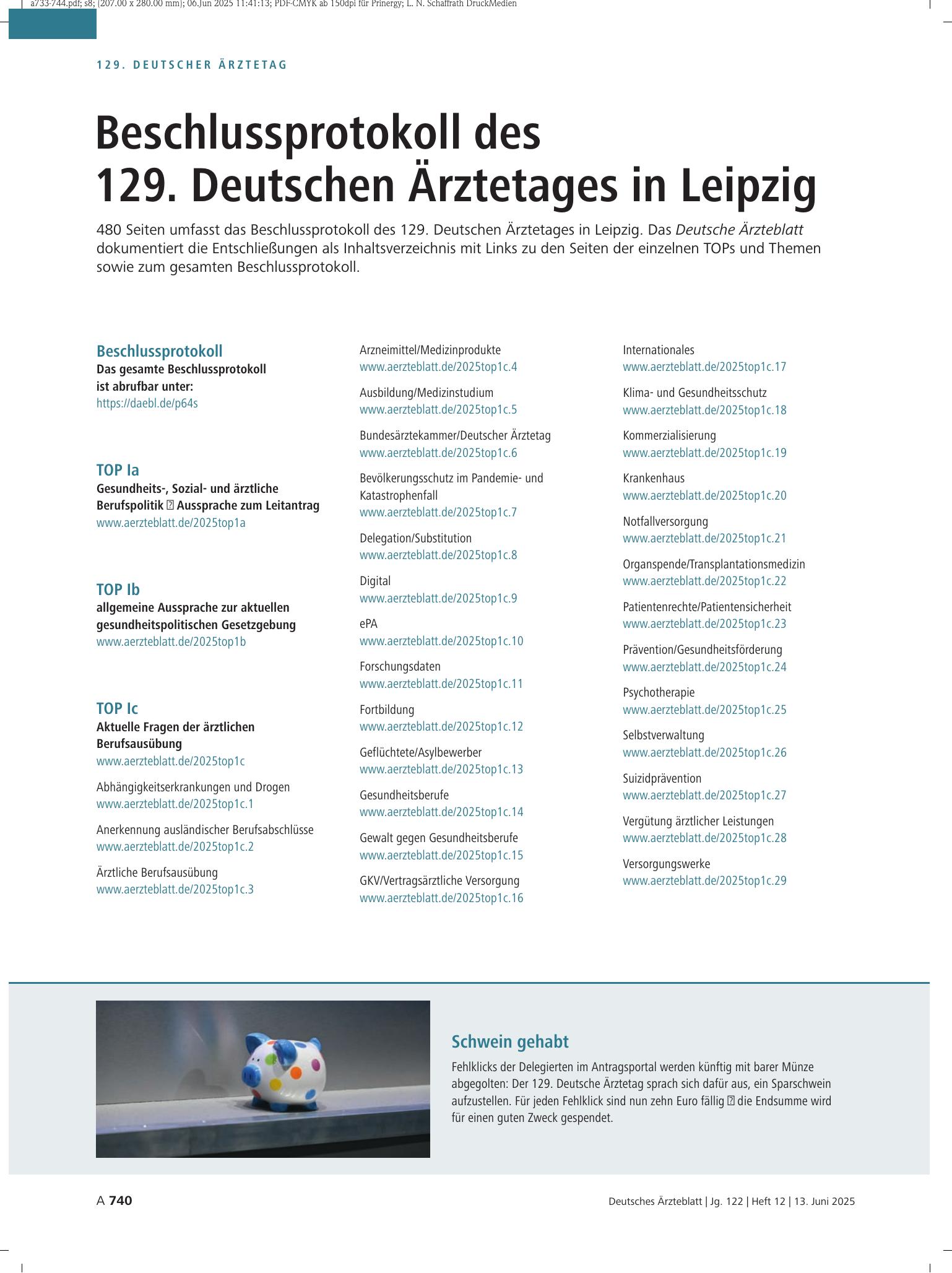 Vorschauseite 1: Beschlussprotokoll des 129. Deutschen Ärztetages in Leipzig – Deutsches Ärzteblatt
