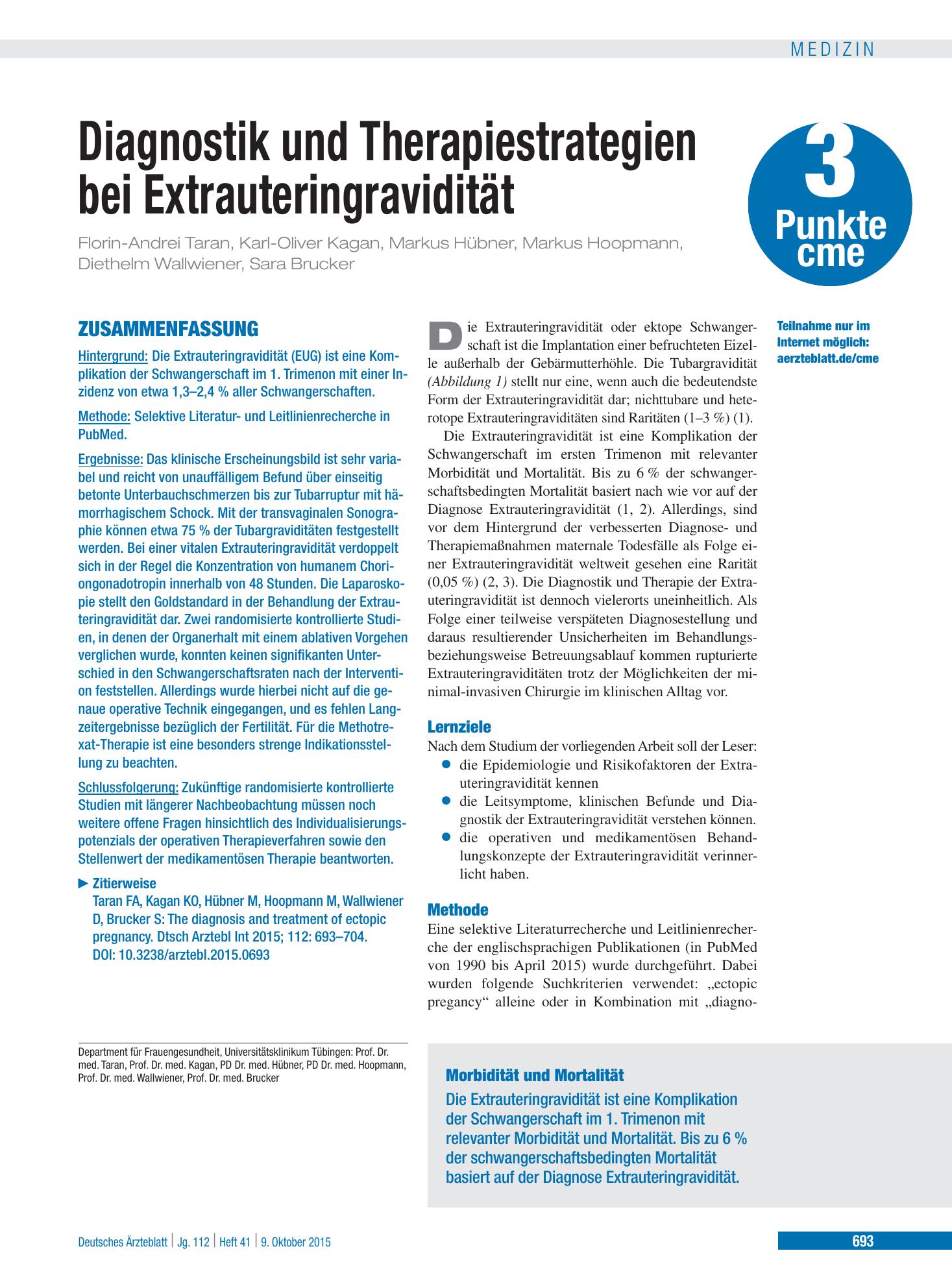 Vorschauseite 1: Diagnostik und Therapiestrategien bei Extrauteringravidität – Deutsches Ärzteblatt