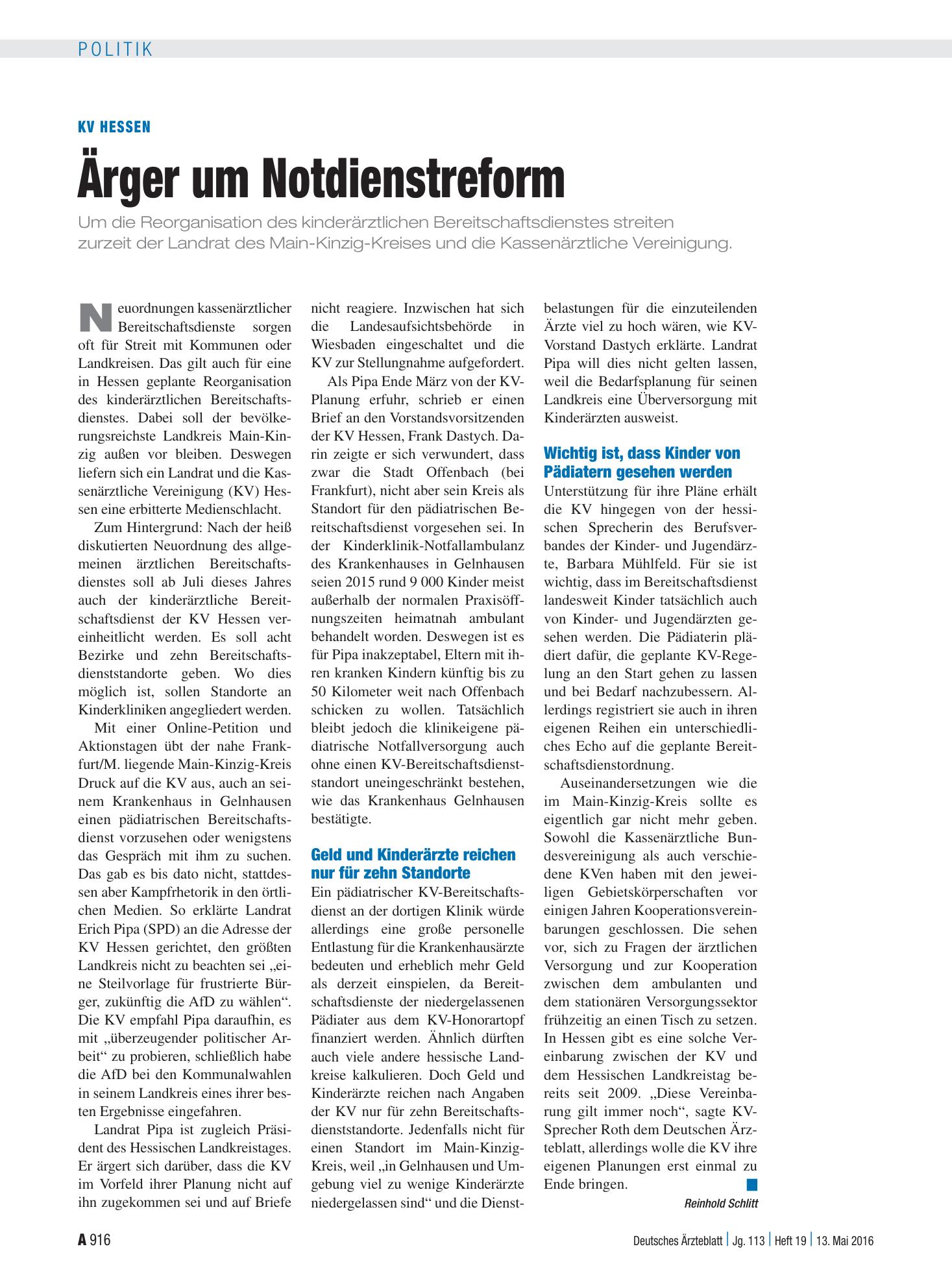 Vorschauseite 1: KV Hessen: Ärger um Notdienstreform – Deutsches Ärzteblatt