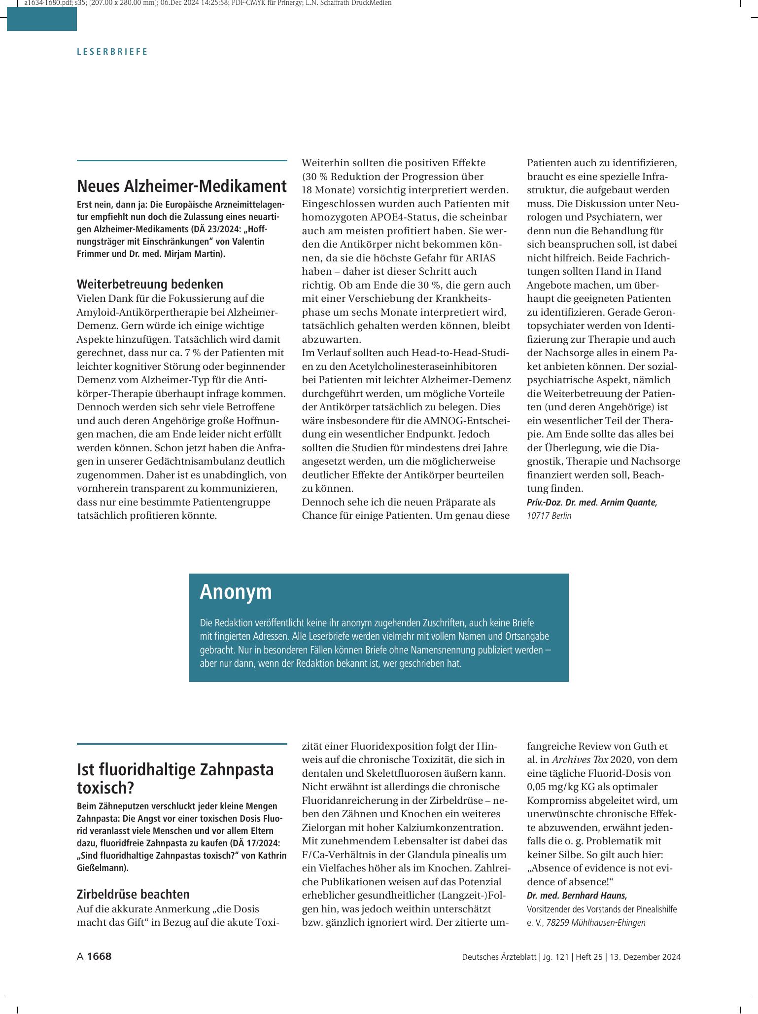 Vorschauseite 1: Neues Alzheimer-Medikament: Weiterbetreuung bedenken – Deutsches Ärzteblatt
