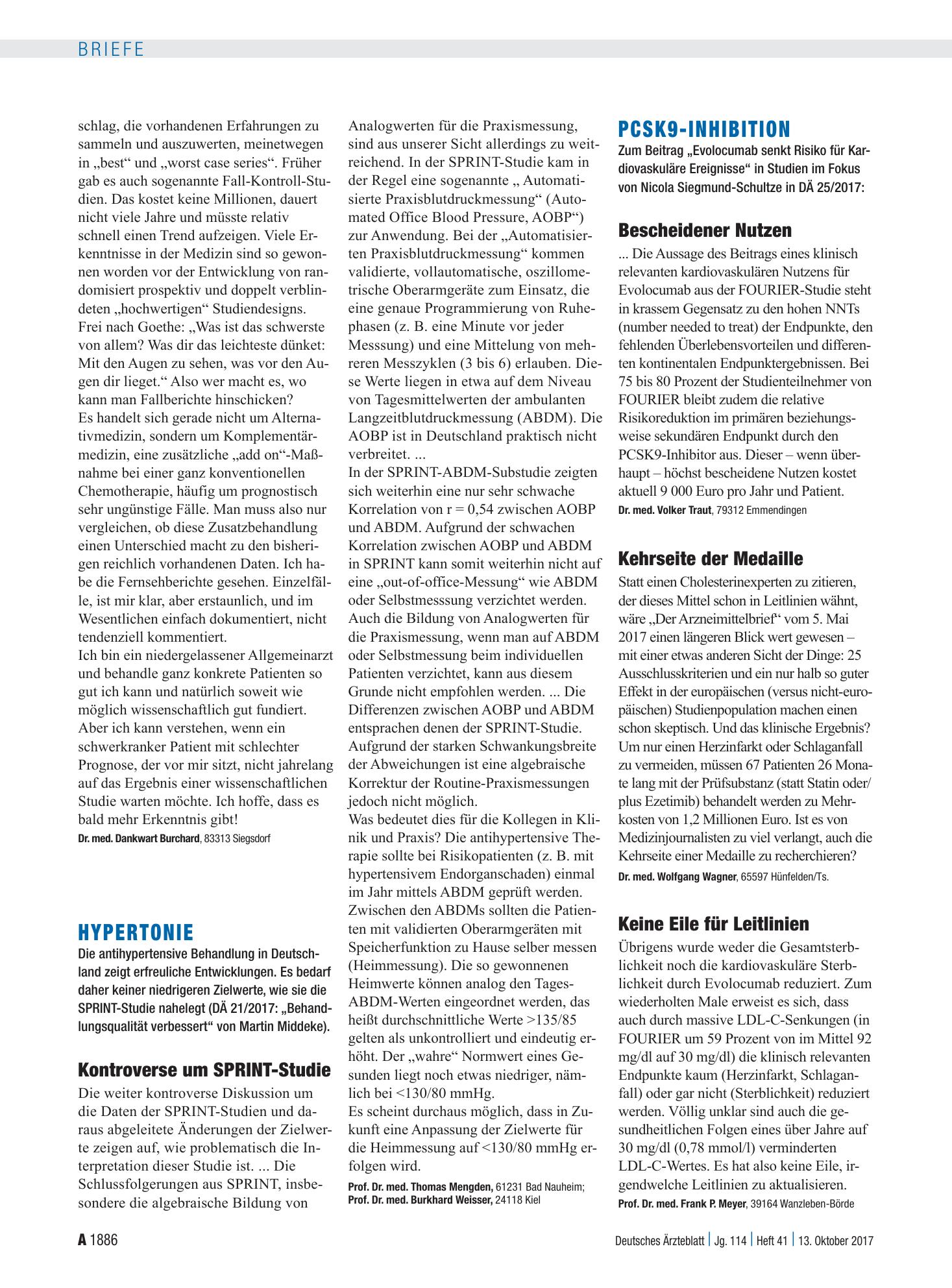Vorschauseite 1: Hypertonie: Kontroverse um SPRINT-Studie – Deutsches Ärzteblatt
