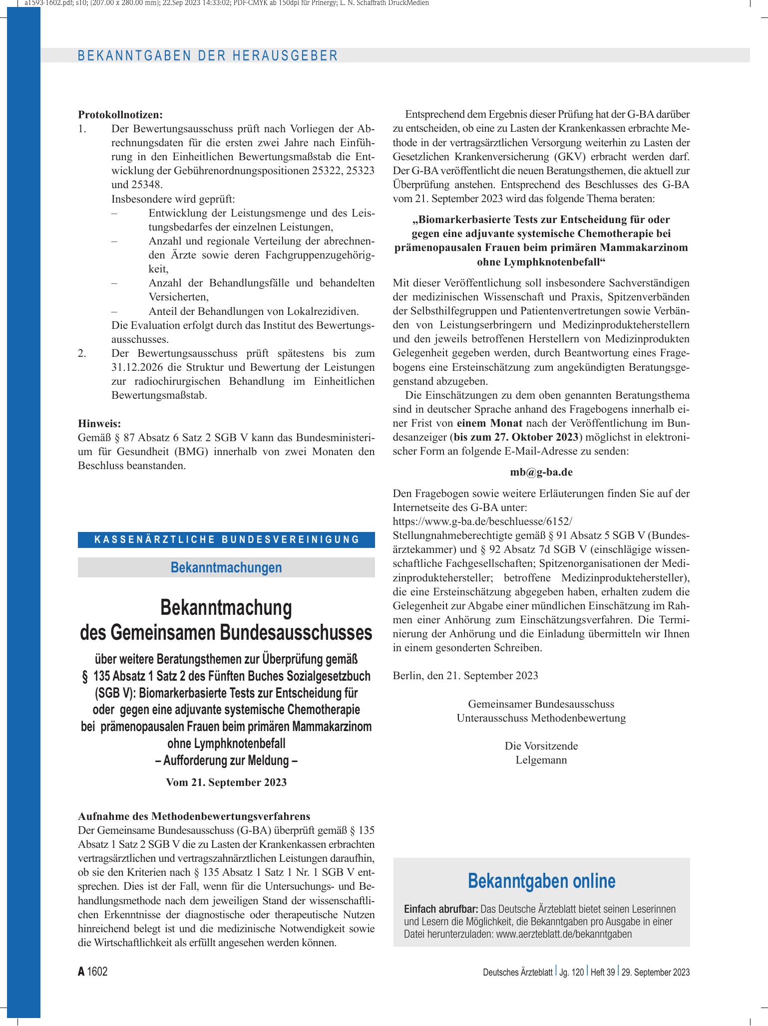 Vorschauseite 1: Bekanntmachung des Gemeinsamen Bundesausschusses: Biomarkerbasierte Tests zur Entscheidung für oder gegen eine adjuvante systemische Chemotherapie bei prämenopausalen Frauen beim…
