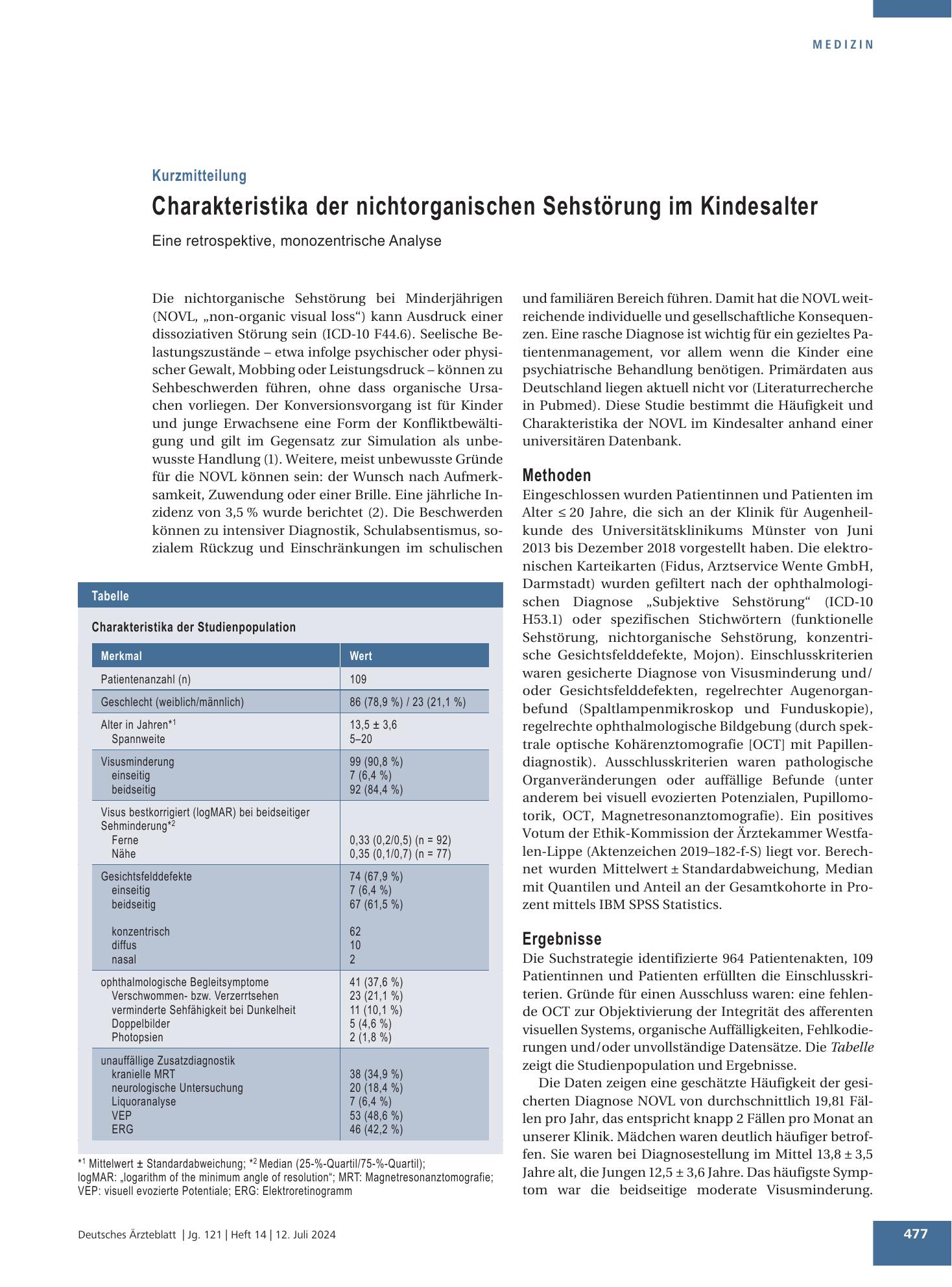Vorschauseite 1: Charakteristika der nichtorganischen Sehstörung im Kindesalter – Deutsches Ärzteblatt