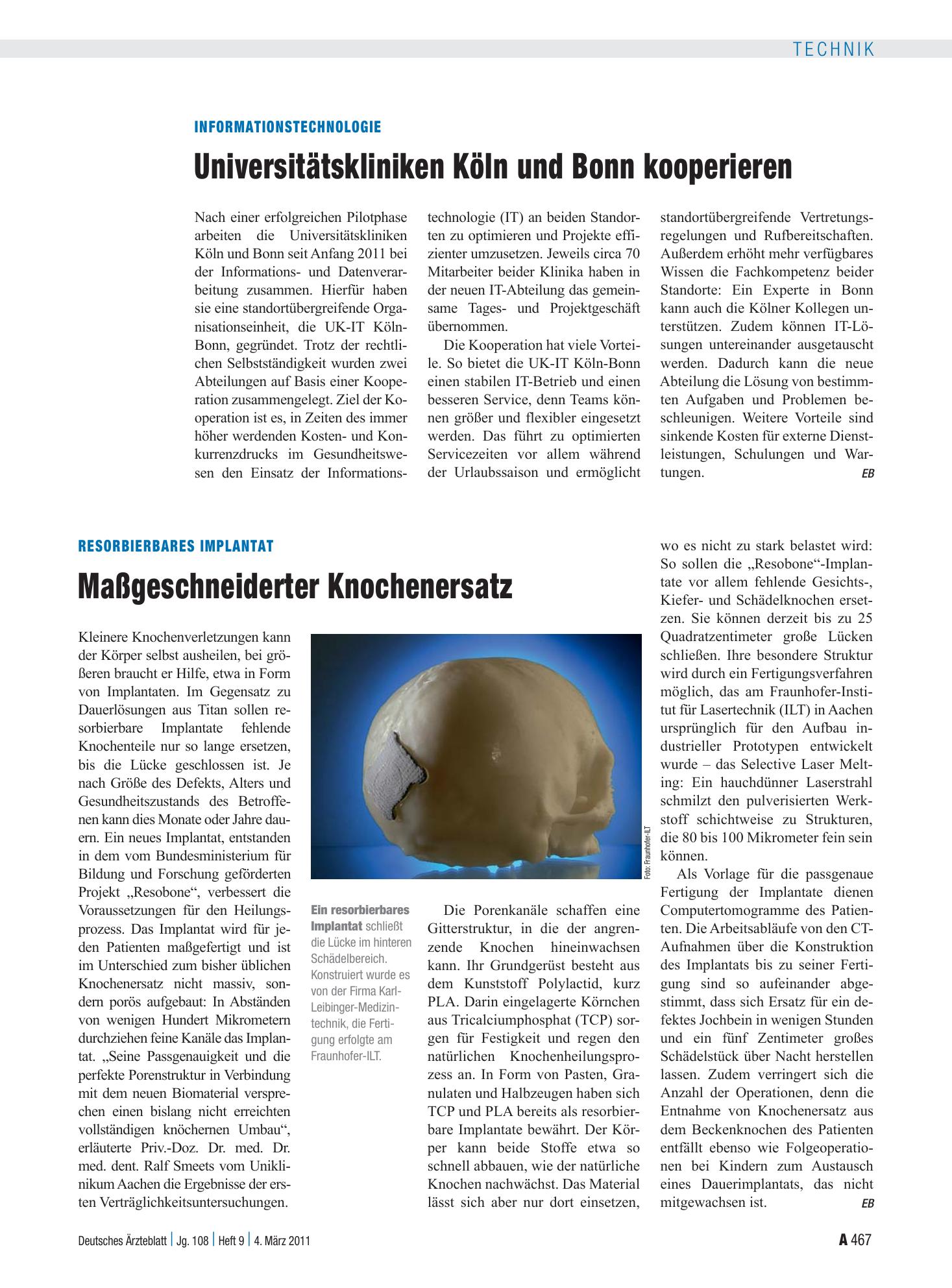 Vorschauseite 1: Resorbierbares Implantat: Maßgeschneiderter Knochenersatz – Deutsches Ärzteblatt