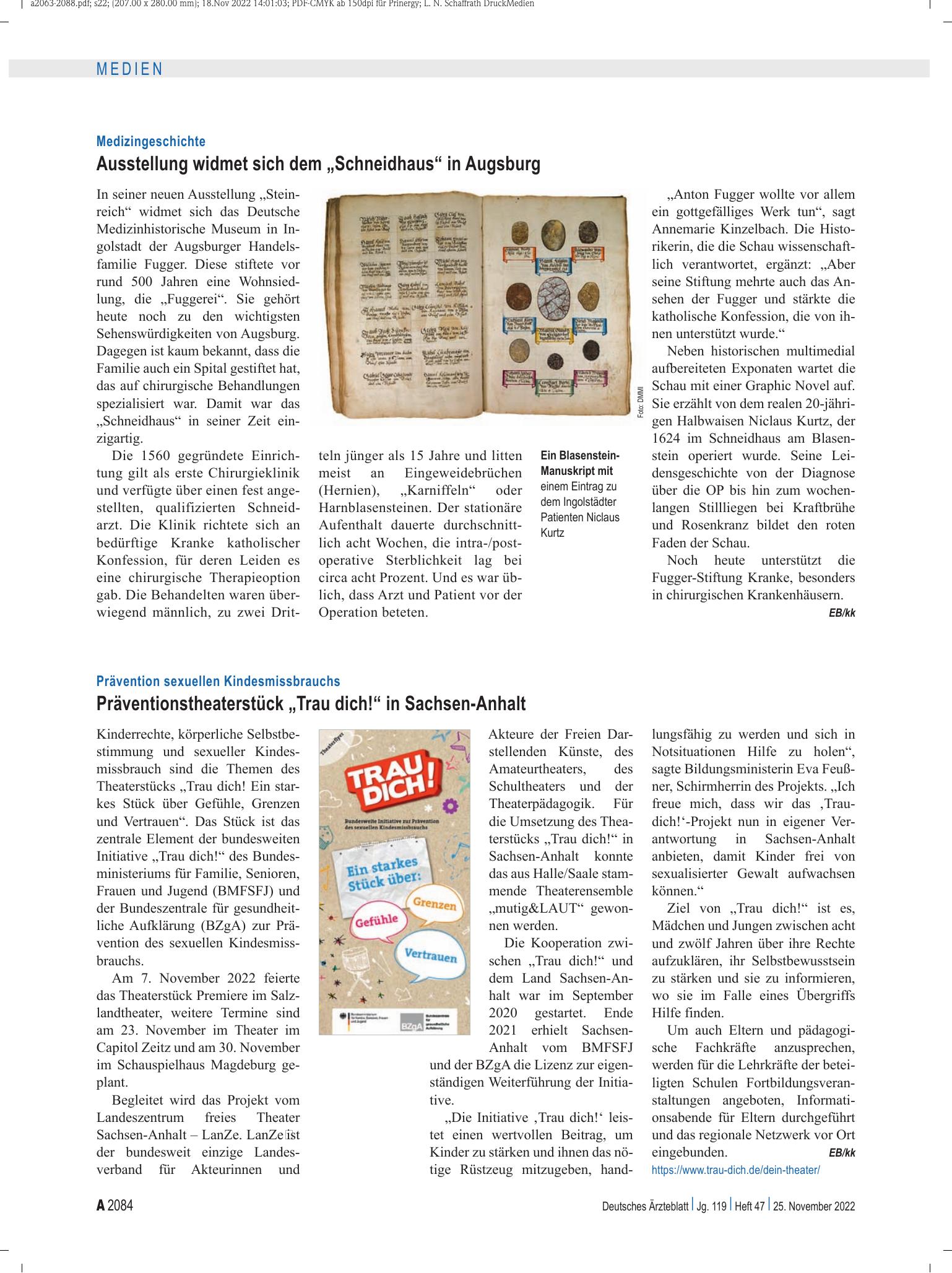 Vorschauseite 1: Medizingeschichte: Ausstellung widmet sich dem „Schneidhaus“ in Augsburg – Deutsches Ärzteblatt