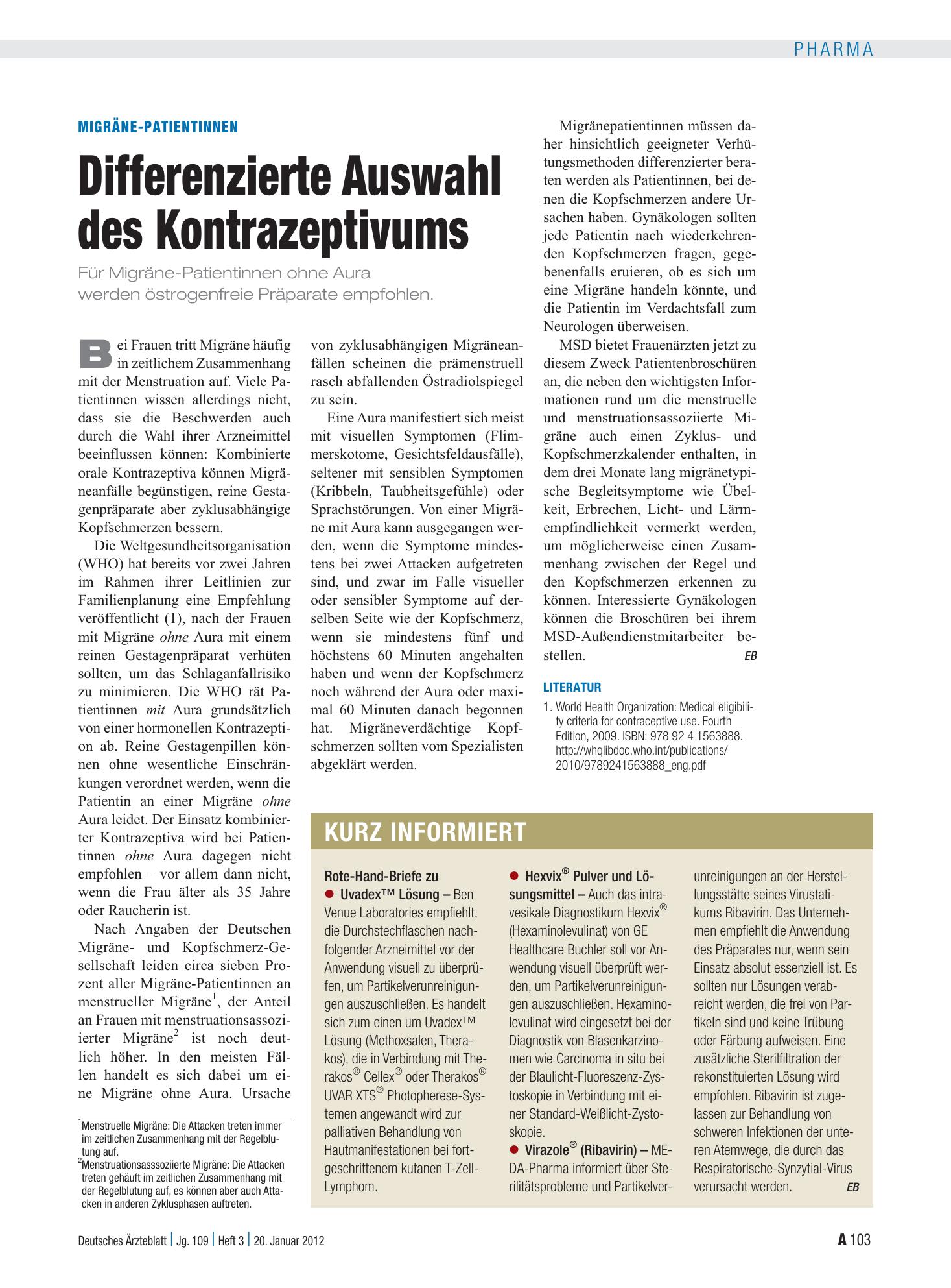 Vorschauseite 1: Migräne-Patientinnen: Differenzierte Auswahl des Kontrazeptivums – Deutsches Ärzteblatt