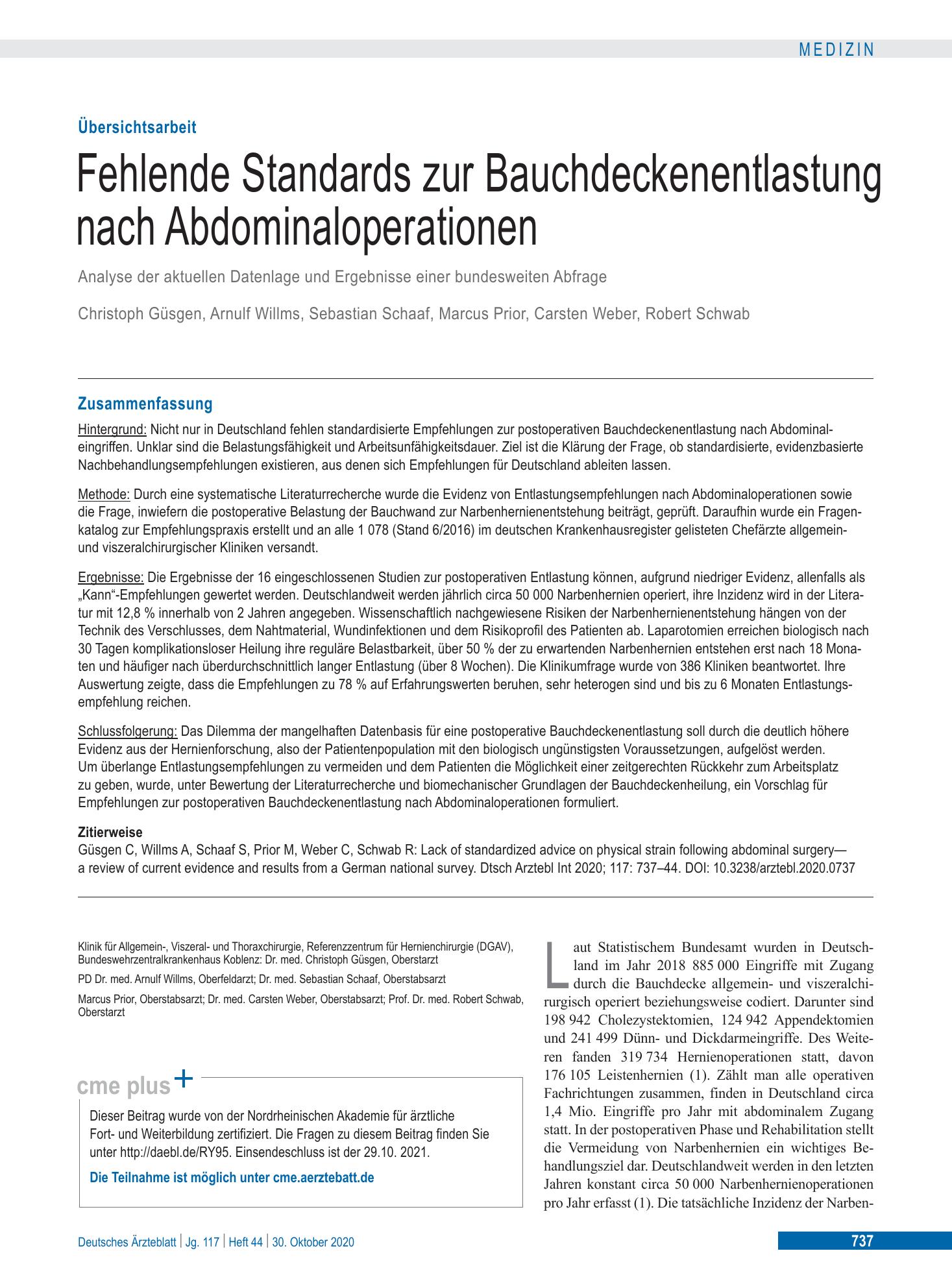 Vorschauseite 1: Fehlende Standards zur Bauchdeckenentlastung nach Abdominaloperationen – Deutsches Ärzteblatt