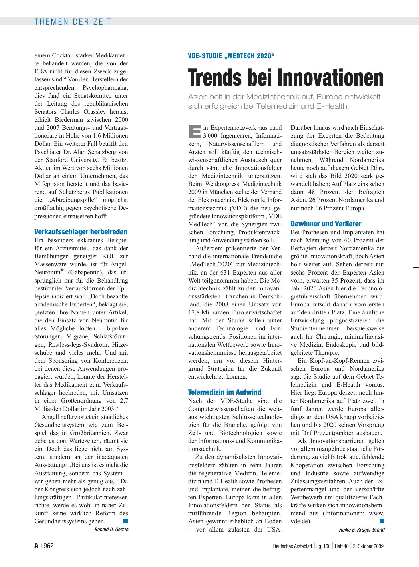 Vorschauseite 1: VDE-Studie „MedTech 2020“: Trends bei Innovationen – Deutsches Ärzteblatt