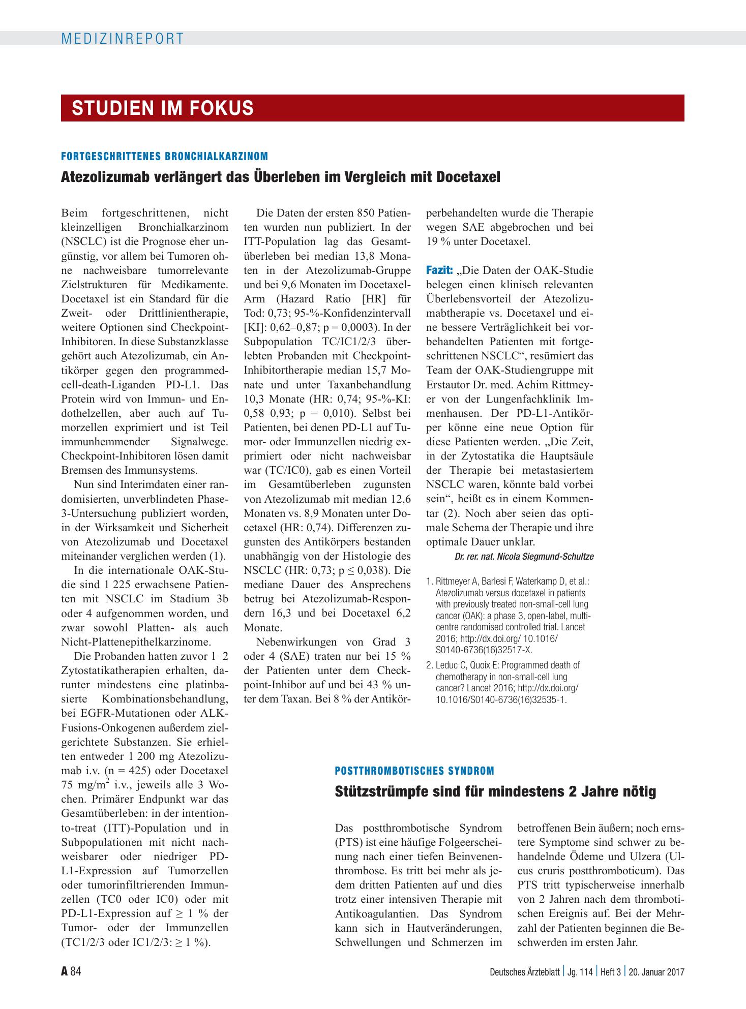Vorschauseite 1: Fortgeschrittenes Bronchialkarzinom: Atezolizumab verlängert das Überleben im Vergleich mit Docetaxel – Deutsches Ärzteblatt