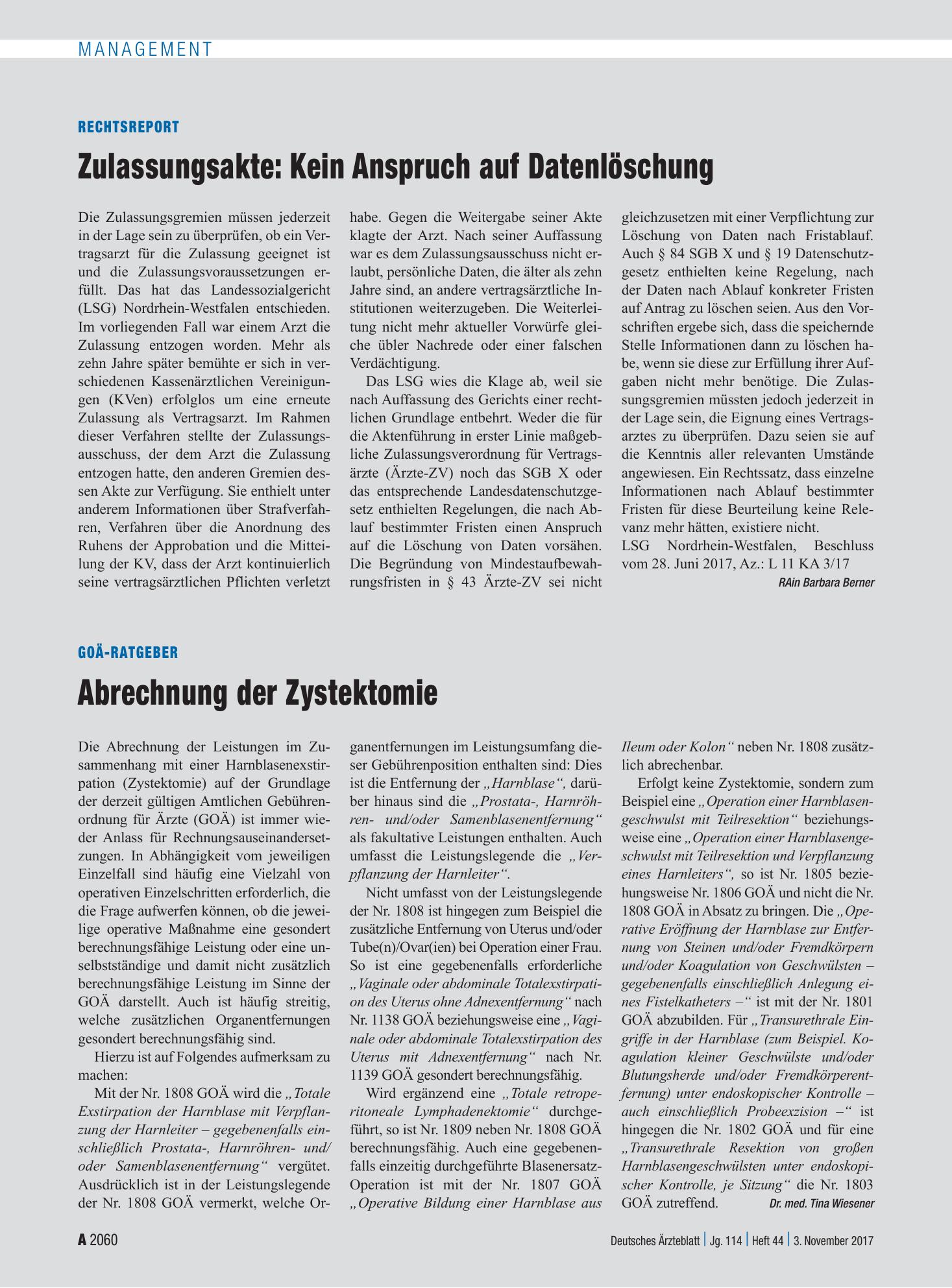 Vorschauseite 1: GOÄ-Ratgeber: Abrechnung der Zystektomie – Deutsches Ärzteblatt