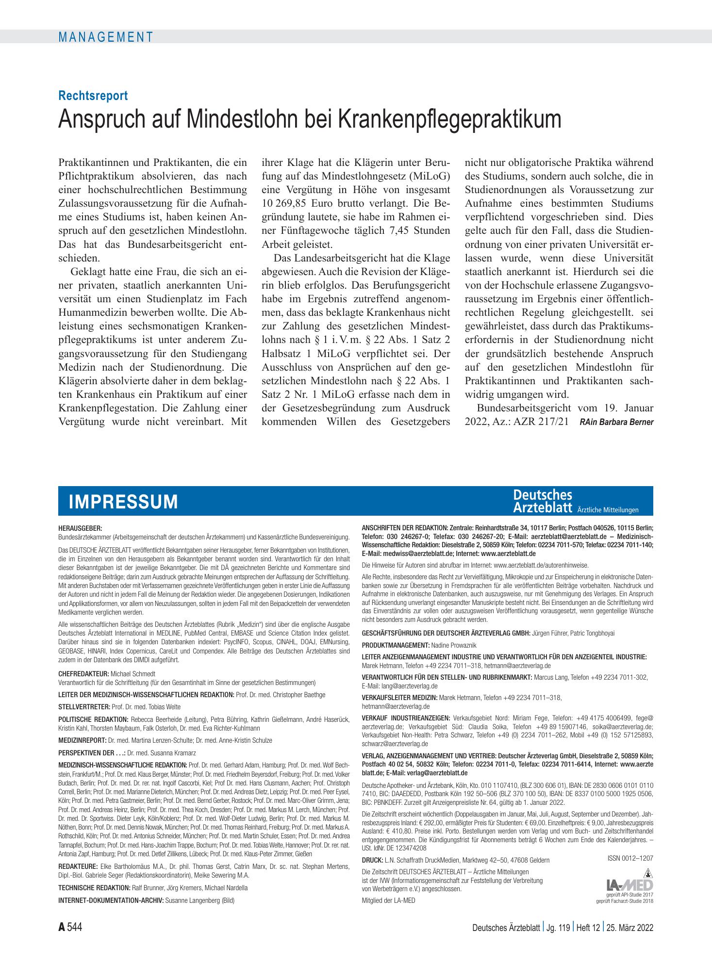 Vorschauseite 1: Rechtsreport: Anspruch auf Mindestlohn bei Krankenpflegepraktikum – Deutsches Ärzteblatt