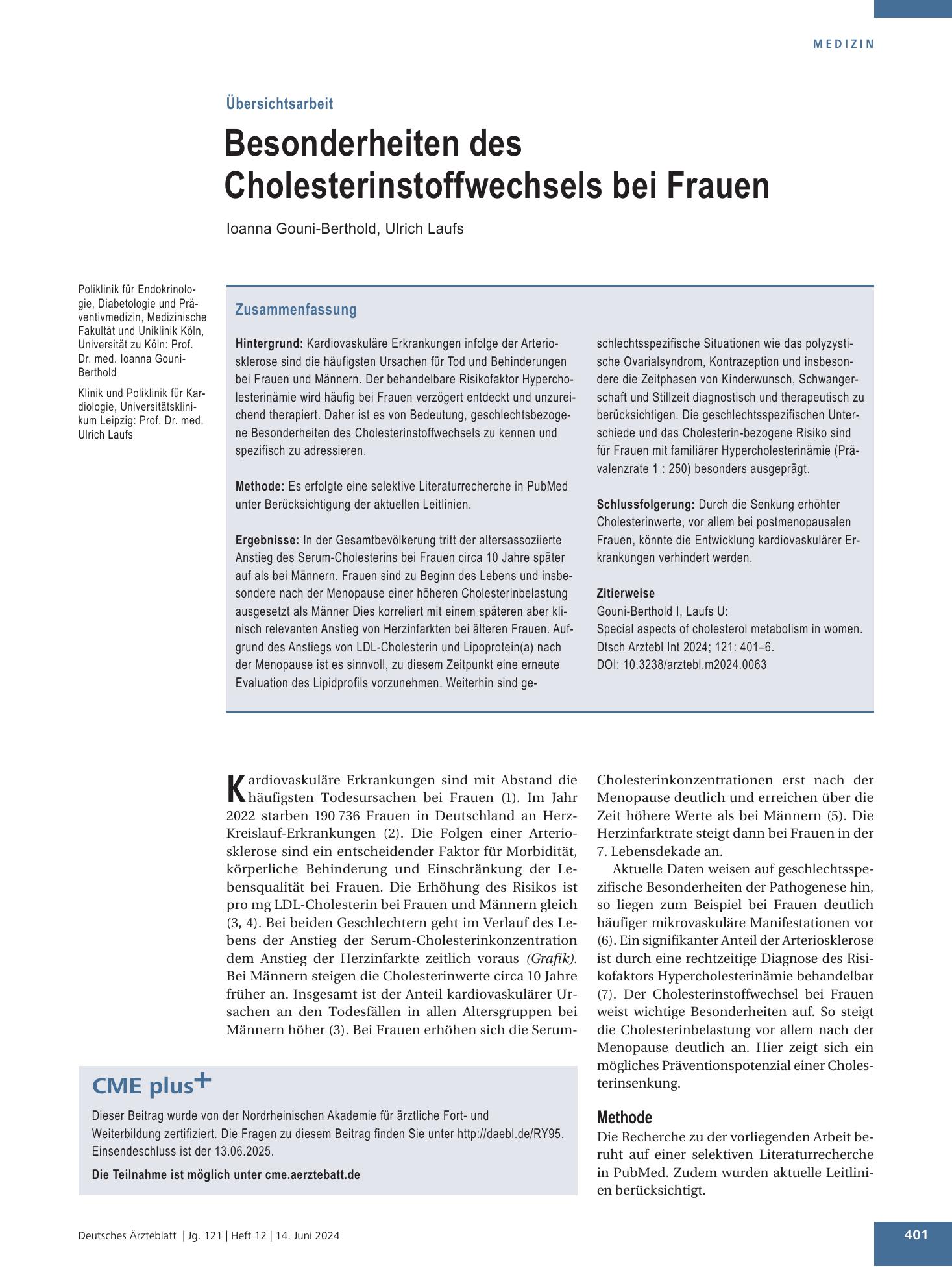 Vorschauseite 1: Besonderheiten des Cholesterinstoffwechsels bei Frauen – Deutsches Ärzteblatt