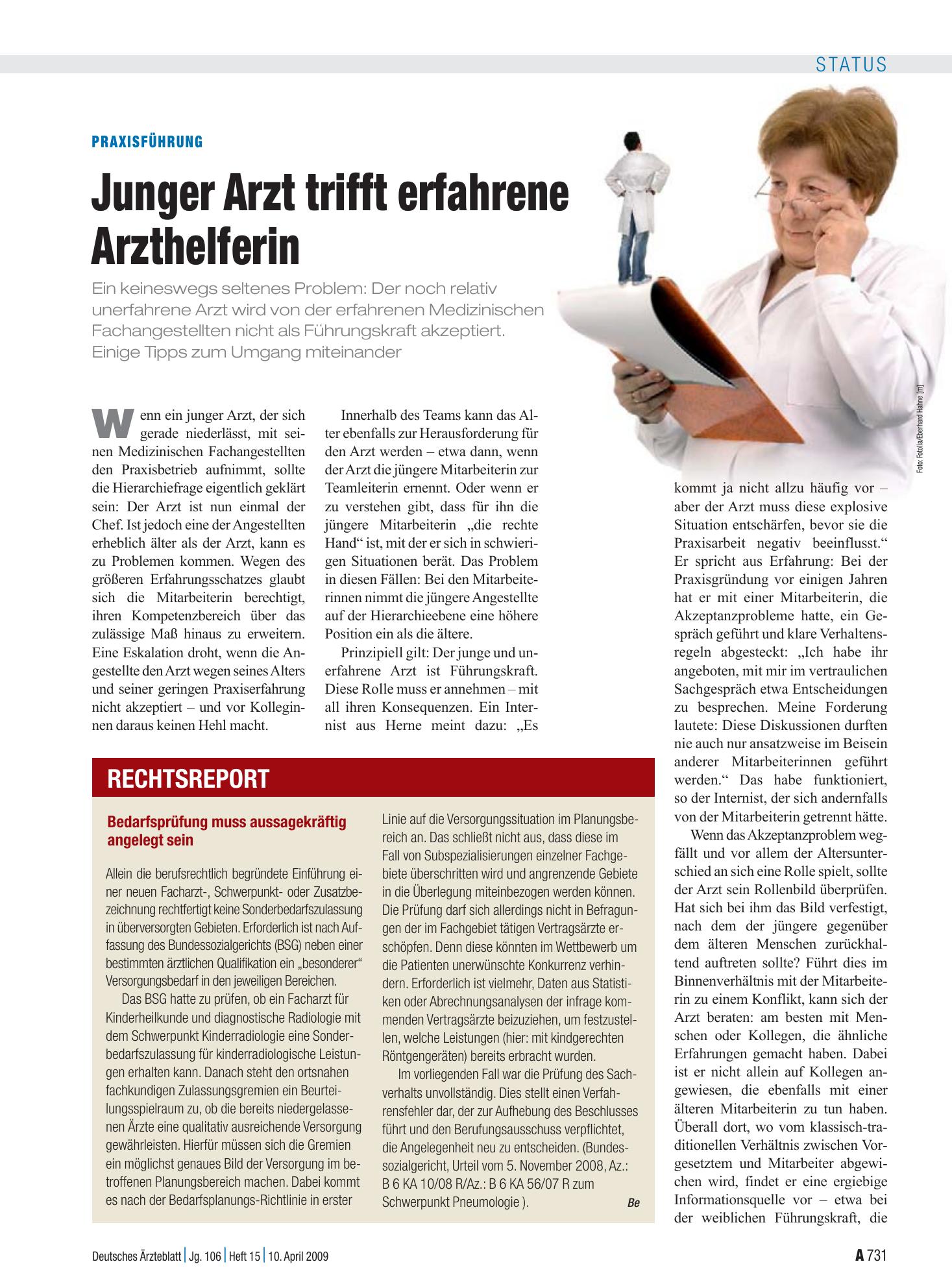 Vorschauseite 1: Praxisführung: Junger Arzt trifft erfahrene Arzthelferin – Deutsches Ärzteblatt