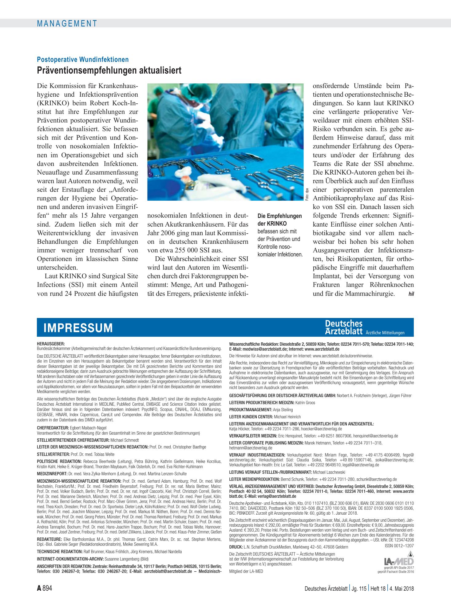 Vorschauseite 1: Postoperative Wundinfektionen: Präventionsempfehlungen aktualisiert – Deutsches Ärzteblatt