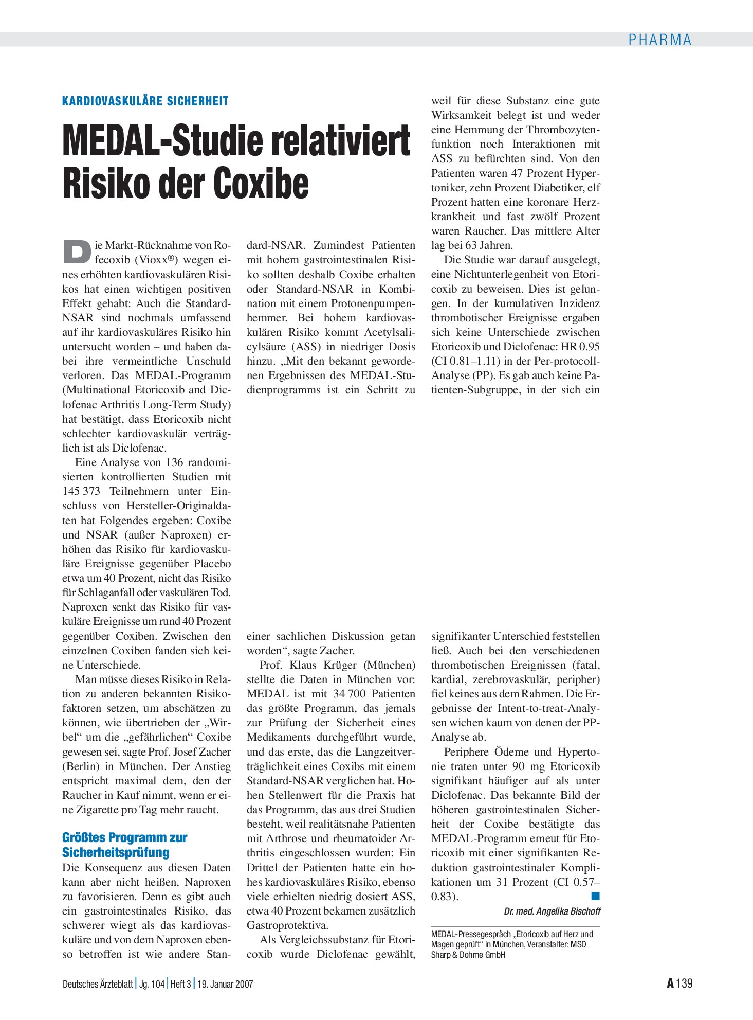 Vorschauseite 1: Kardiovaskuläre Sicherheit: MEDAL-Studie relativiert Risiko der Coxibe – Deutsches Ärzteblatt
