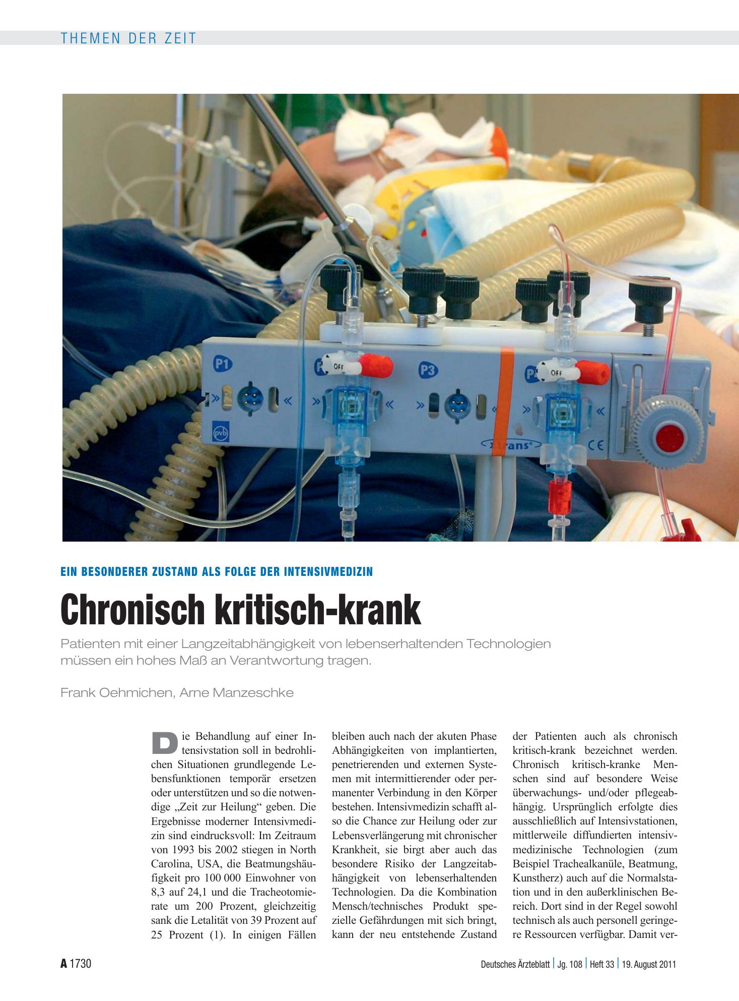 Vorschauseite 1: Ein besonderer Zustand als Folge der Intensivmedizin: Chronisch kritisch-krank – Deutsches Ärzteblatt