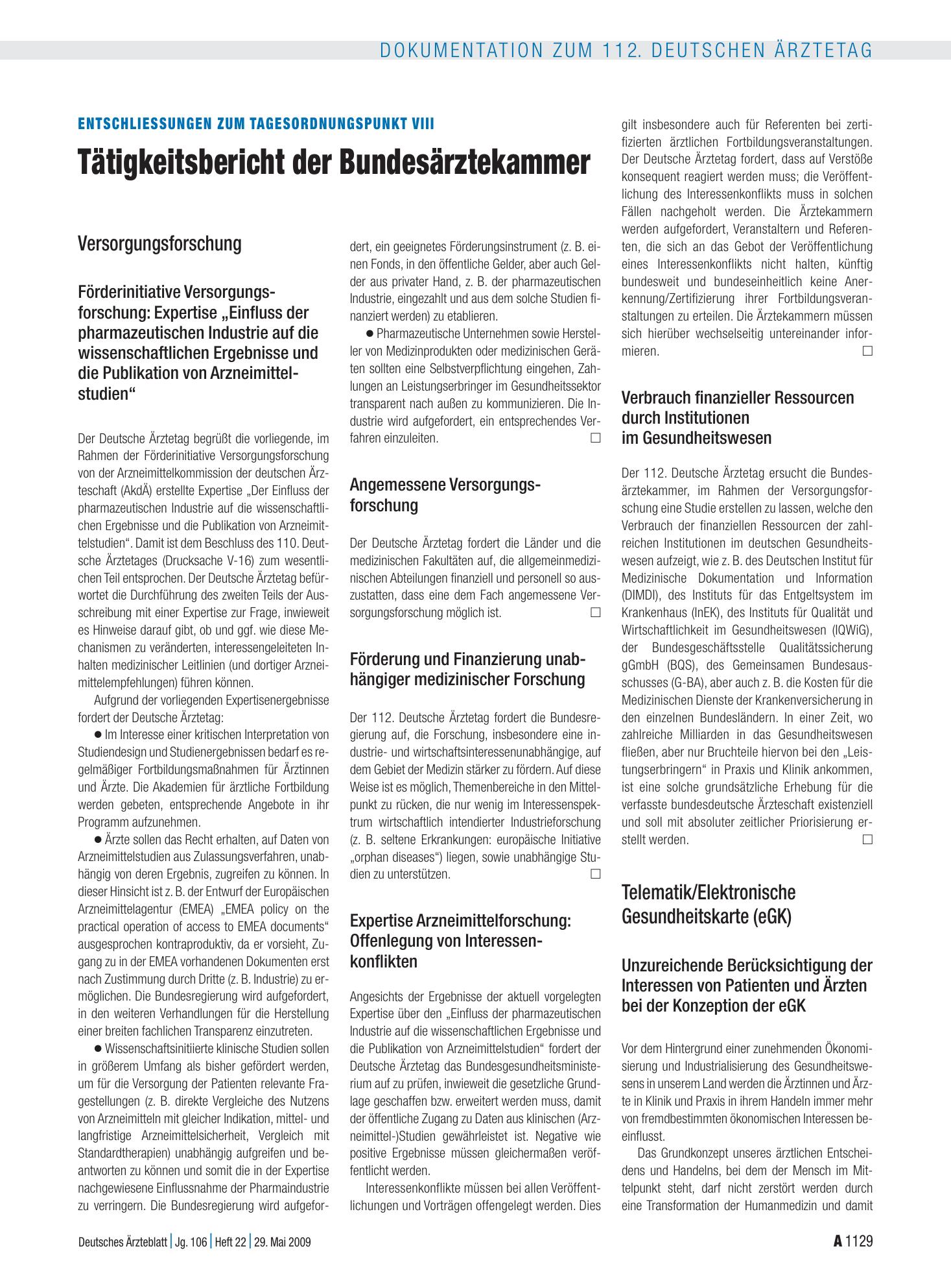 Vorschauseite 1: Entschliessungen zum Tagesordnungspunkt VIII: Tätigkeitsbericht der Bundesärztekammer – Deutsches Ärzteblatt
