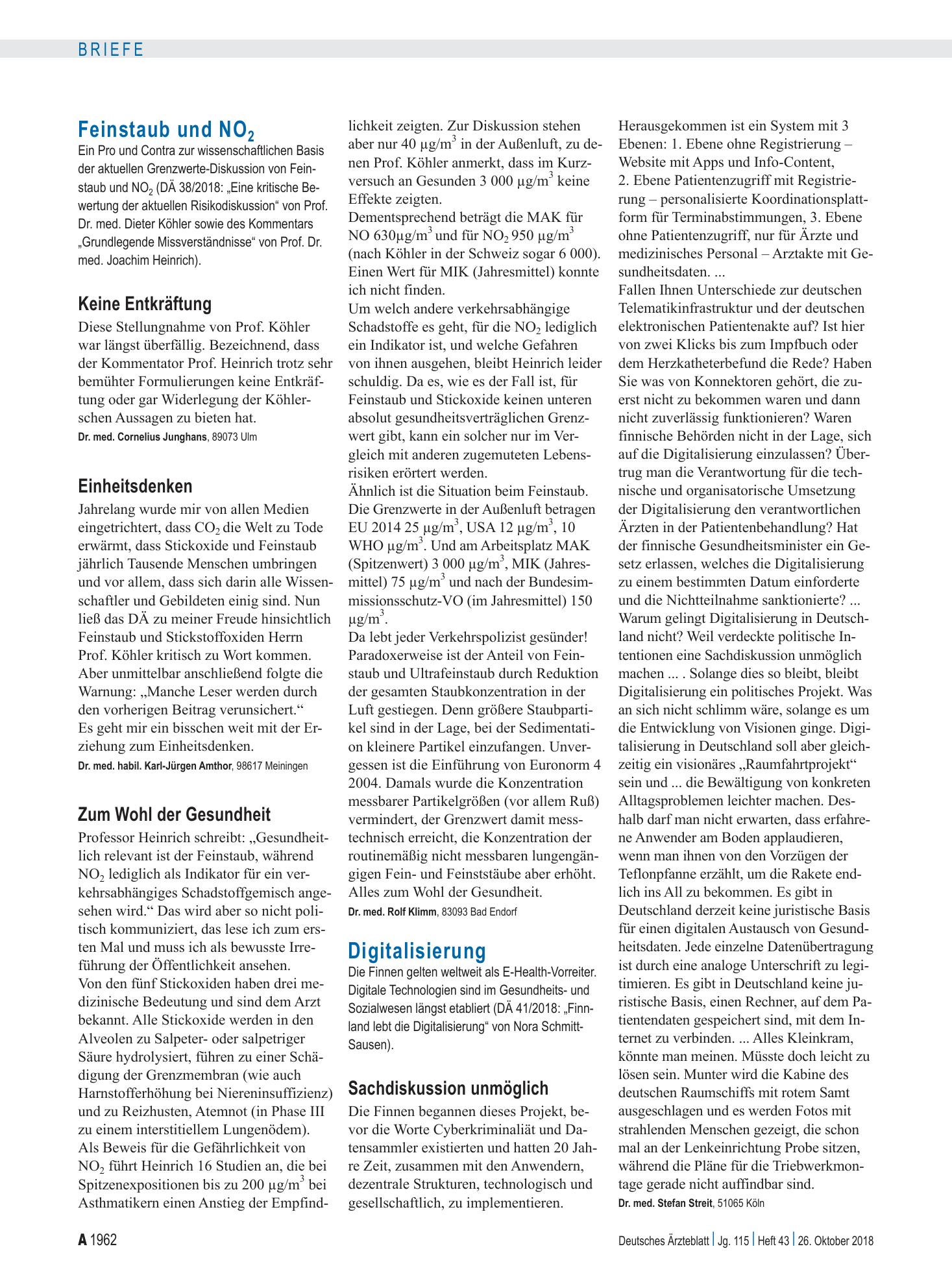 Vorschauseite 1: Feinstaub und NO 2: Einheitsdenken – Deutsches Ärzteblatt