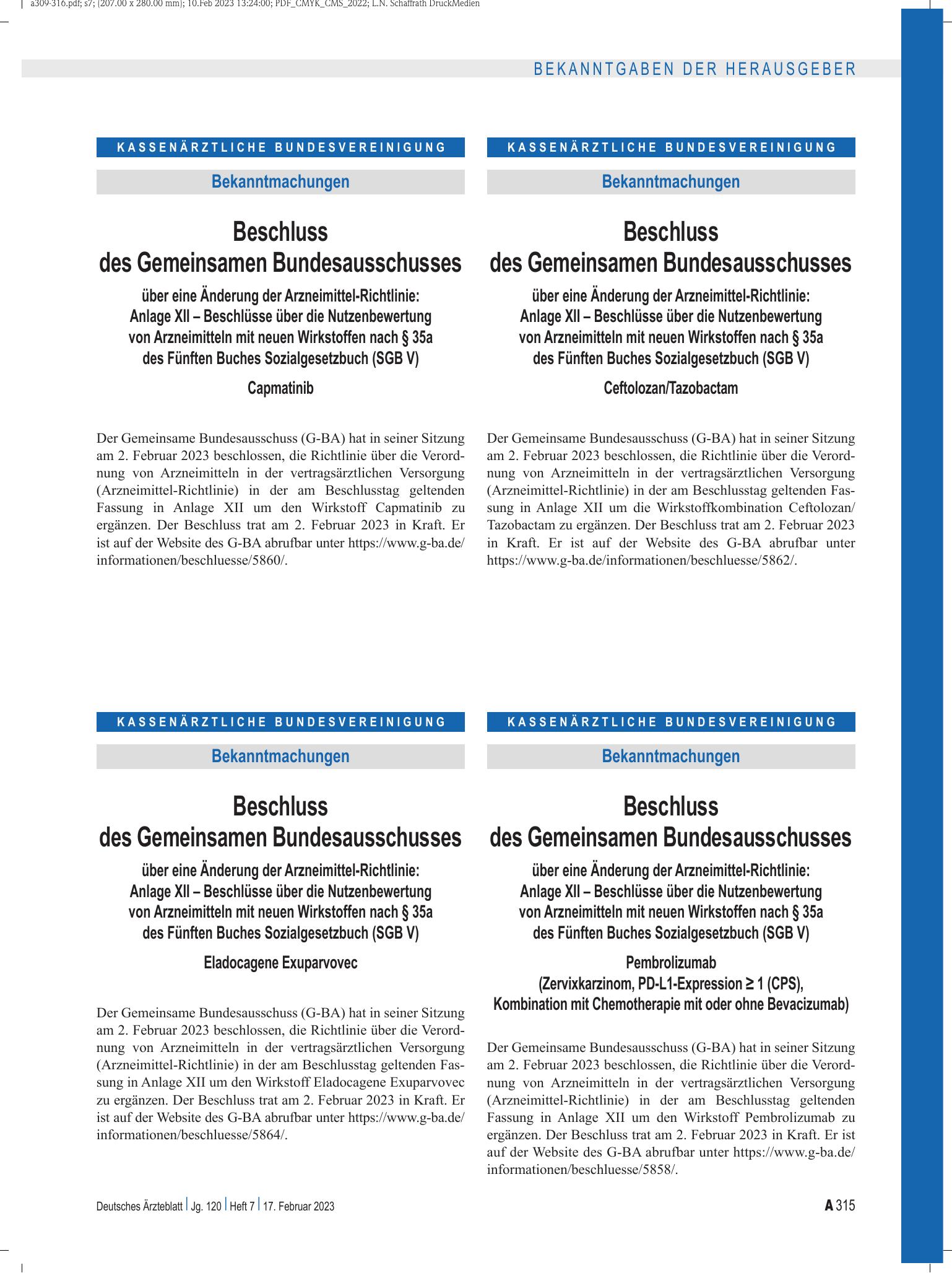 Vorschauseite 1: Beschluss des Gemeinsamen Bundesausschusses über eine Änderung der Arzneimittel-Richtlinie: Pembrolizumab (Zervixkarzinom, PD-L1-Expression ≥ 1 (CPS), Kombination mit Chemotherapi…