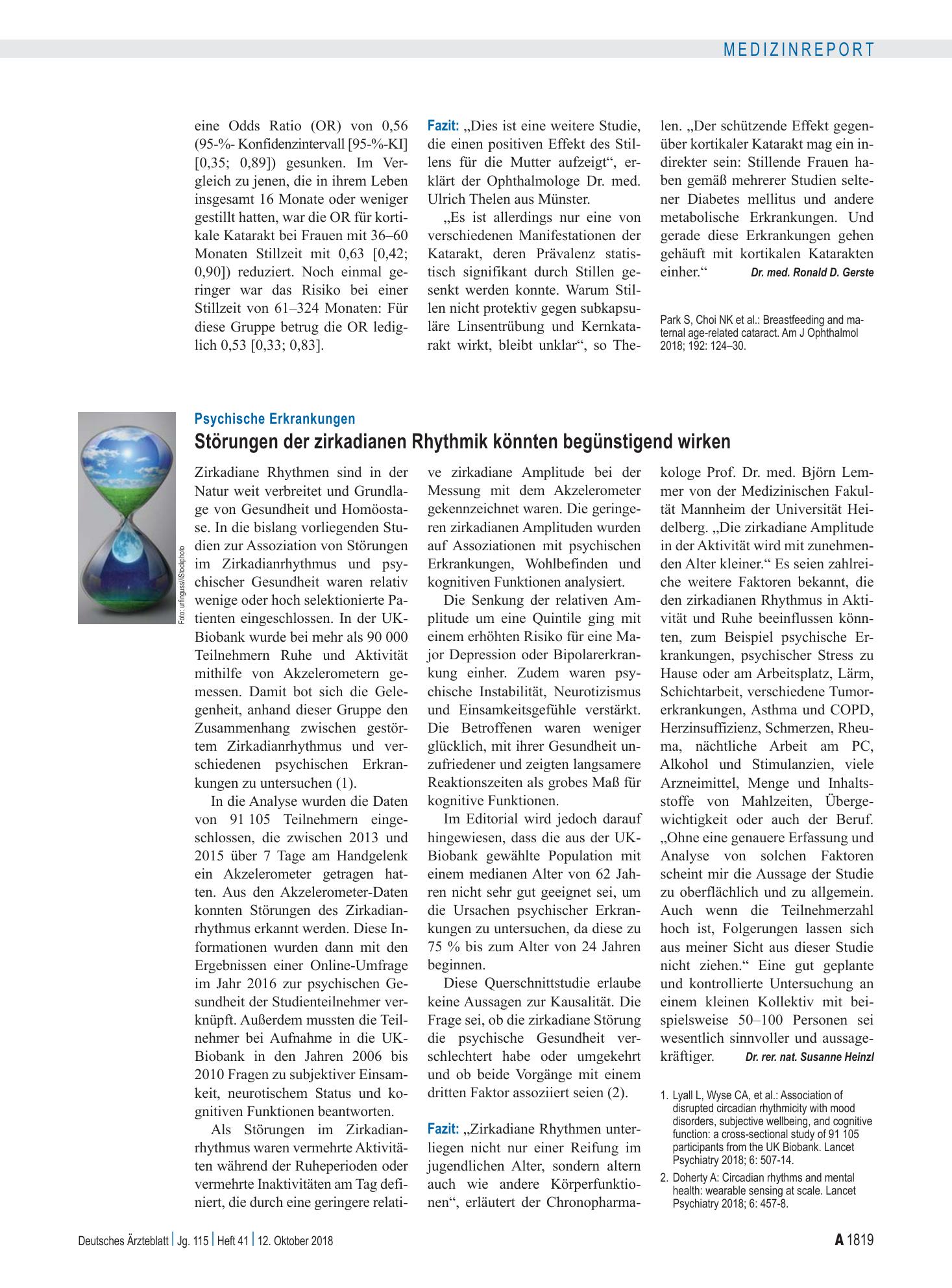 Vorschauseite 1: Psychische Erkrankungen: Störungen der zirkadianen Rhythmik könnten begünstigend wirken – Deutsches Ärzteblatt