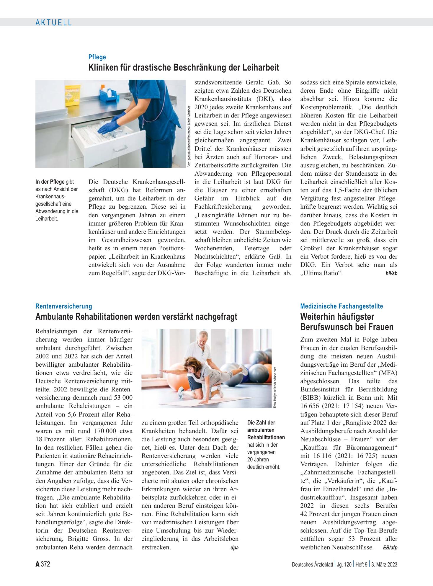 Vorschauseite 1: Pflege: Kliniken für drastische Beschränkung der Leiharbeit – Deutsches Ärzteblatt