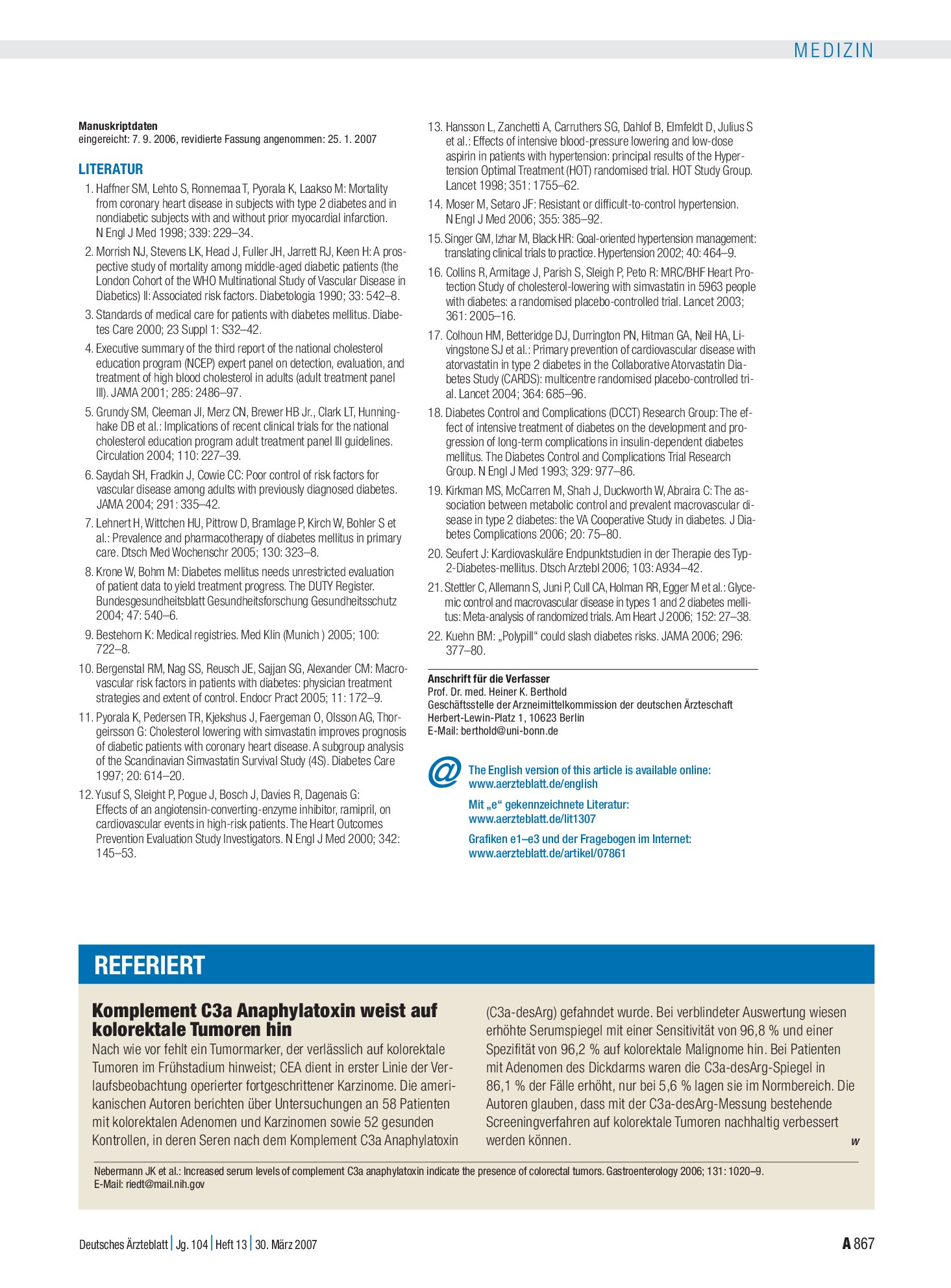 Vorschauseite 1: Komplement C3a Anaphylatoxin weist auf kolorektale Tumoren hin – Deutsches Ärzteblatt