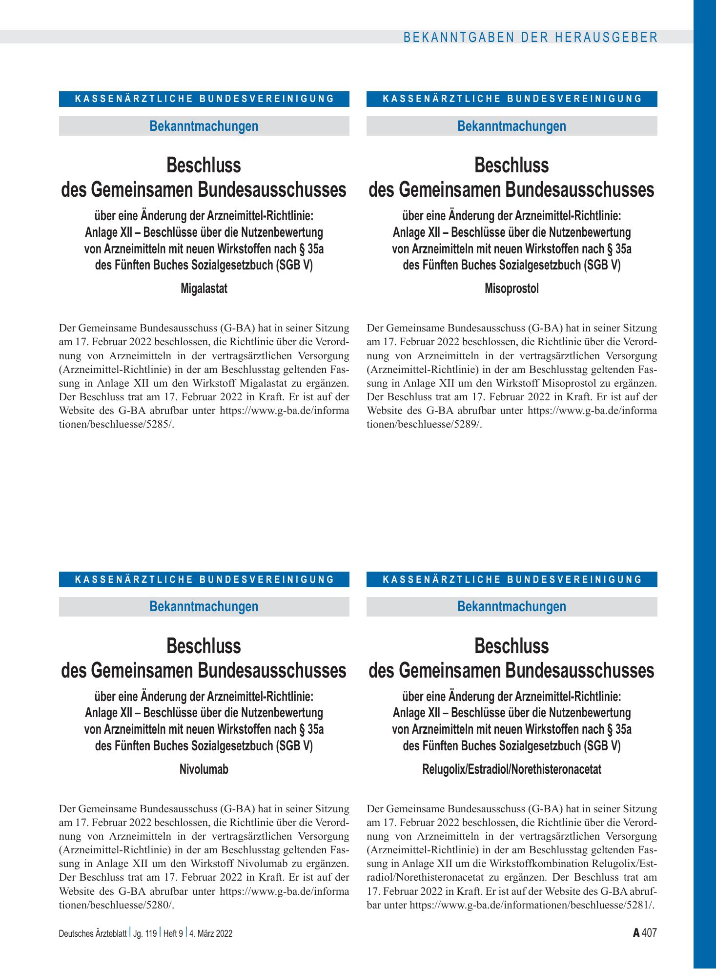 Vorschauseite 1: Beschluss des Gemeinsamen Bundesausschusses über eine Änderung der Arzneimittel-Richtlinie: Misoprostol – Deutsches Ärzteblatt