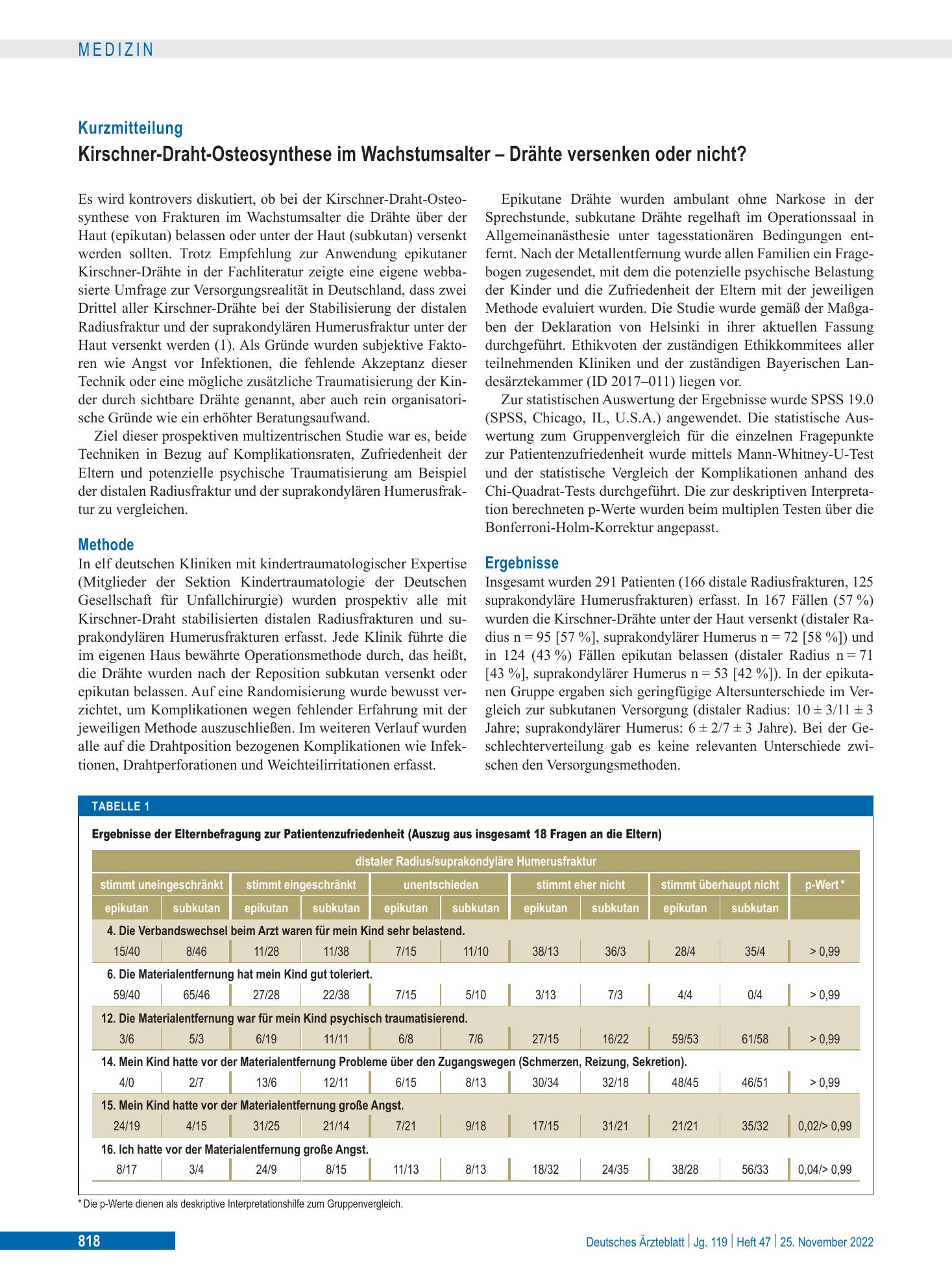 Vorschauseite 1: Kirschner-Draht-Osteosynthese im Wachstumsalter – Drähte versenken oder nicht? – Deutsches Ärzteblatt