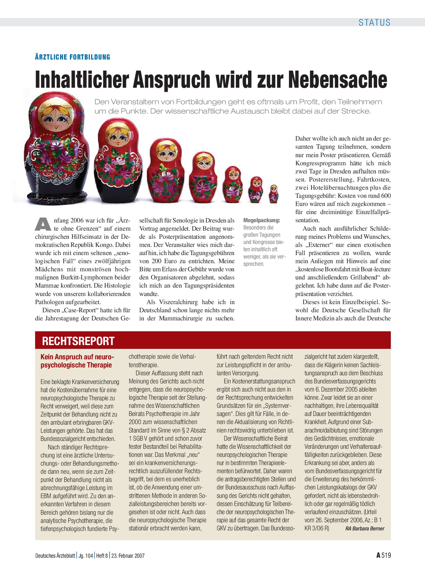 Vorschauseite 1: Kein Anspruch auf neuro-psychologische Therapie – Deutsches Ärzteblatt