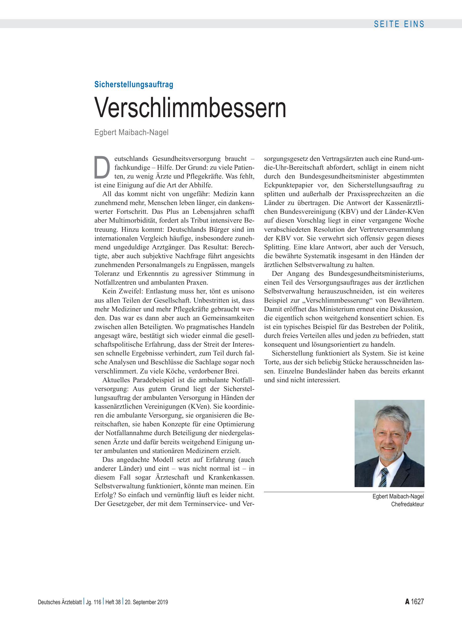 Vorschauseite 1: Sicherstellungsauftrag: Verschlimmbessern – Deutsches Ärzteblatt