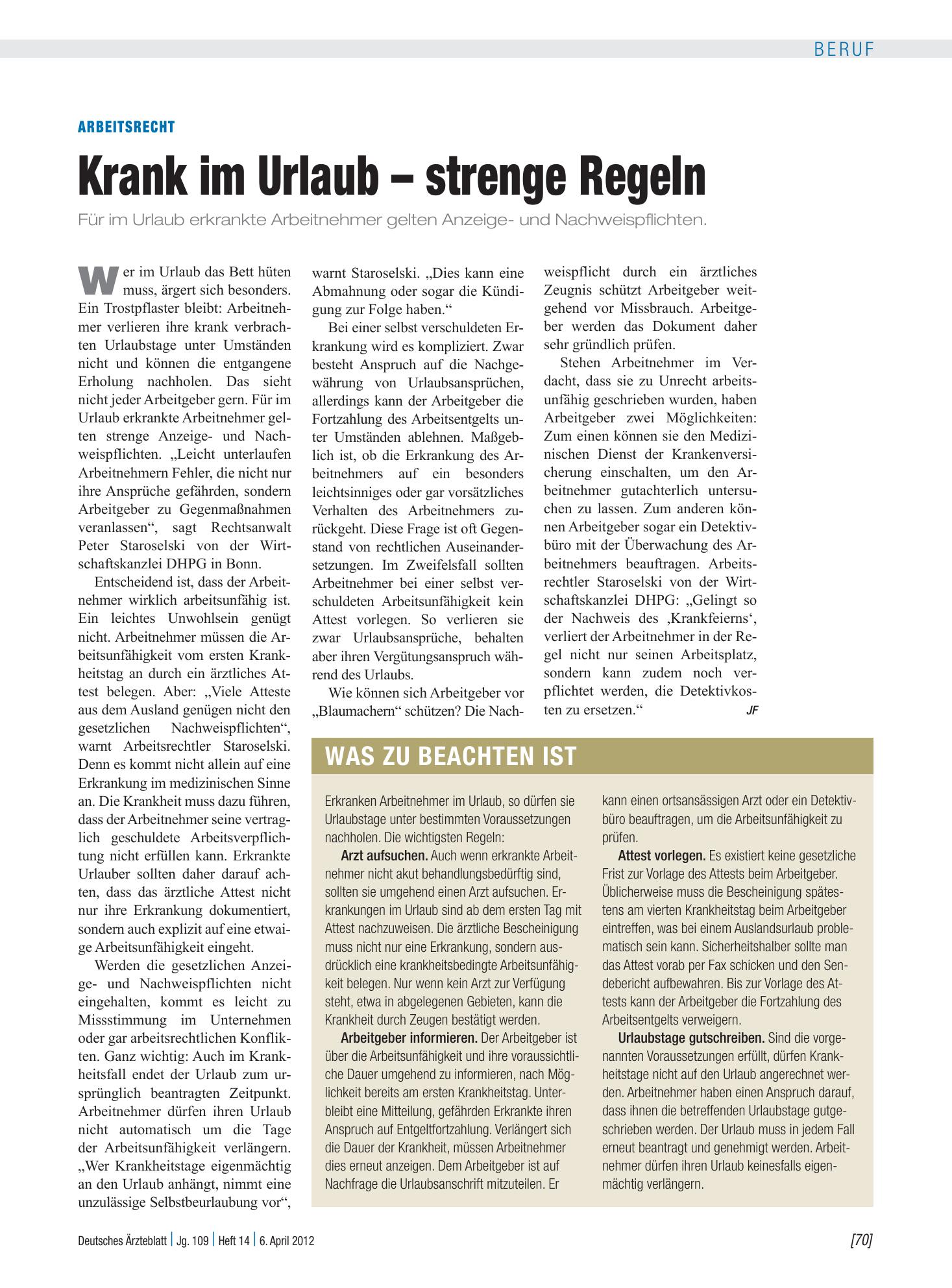 Vorschauseite 1: Arbeitsrecht: Krank im Urlaub – strenge Regeln – Deutsches Ärzteblatt
