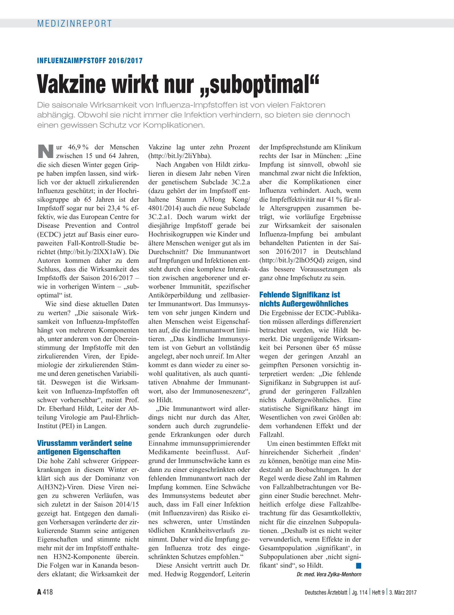 Vorschauseite 1: Influenzaimpfstoff 2016/2017: Vakzine wirkt nur „suboptimal“ – Deutsches Ärzteblatt