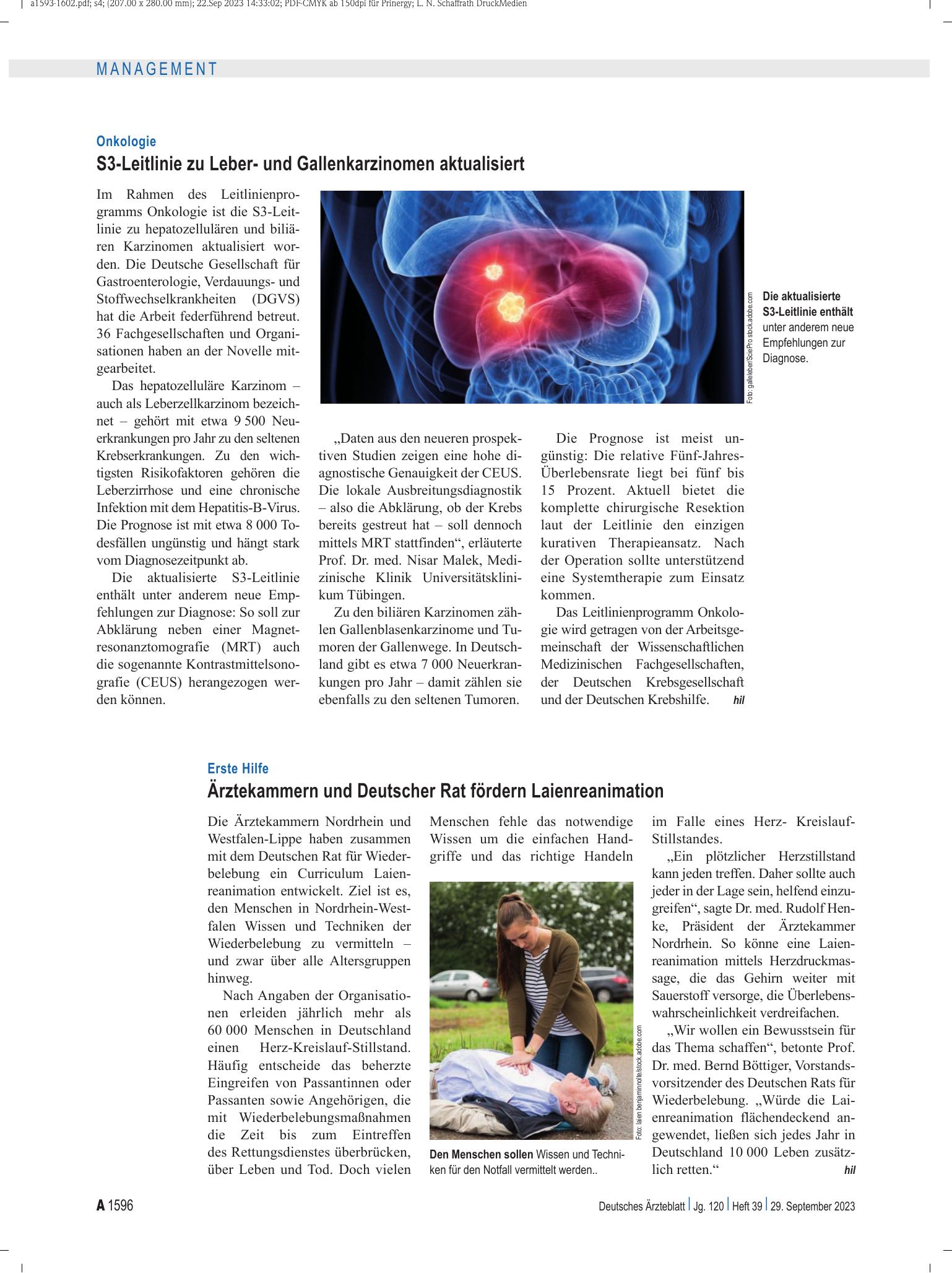 Vorschauseite 1: Erste Hilfe: Ärztekammern und Deutscher Rat fördern Laienreanimation – Deutsches Ärzteblatt