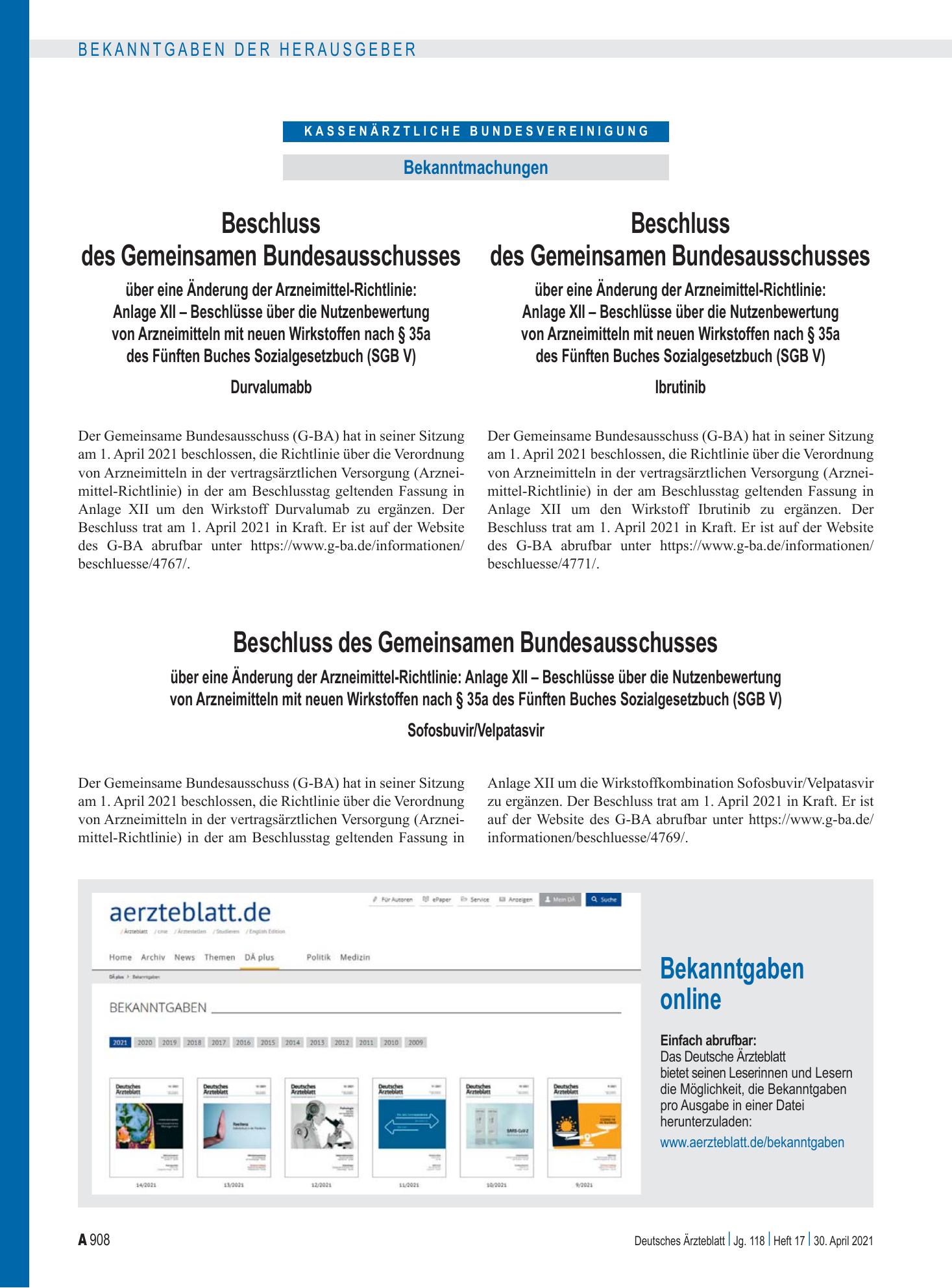 Vorschauseite 1: Bekanntgaben online – Deutsches Ärzteblatt