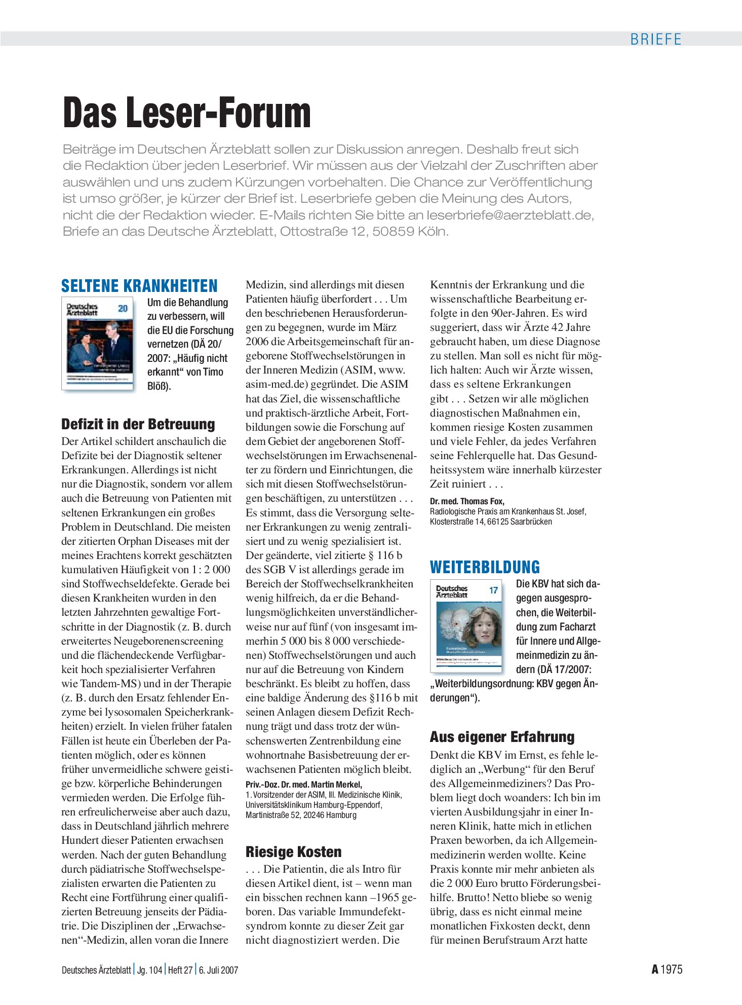 Vorschauseite 1: Das Leser-Forum – Deutsches Ärzteblatt