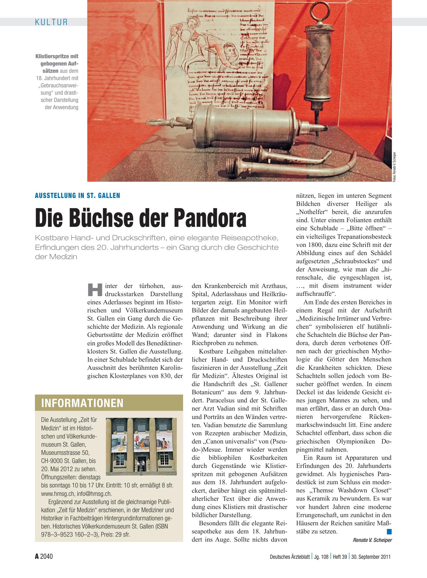 Vorschauseite 1: Ausstellung in St. Gallen: Die Büchse der Pandora – Deutsches Ärzteblatt
