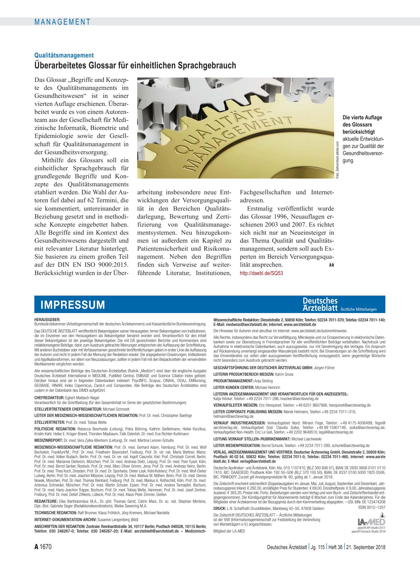 Vorschauseite 1: Qualitätsmanagement: Überarbeitetes Glossar für einheitlichen Sprachgebrauch – Deutsches Ärzteblatt