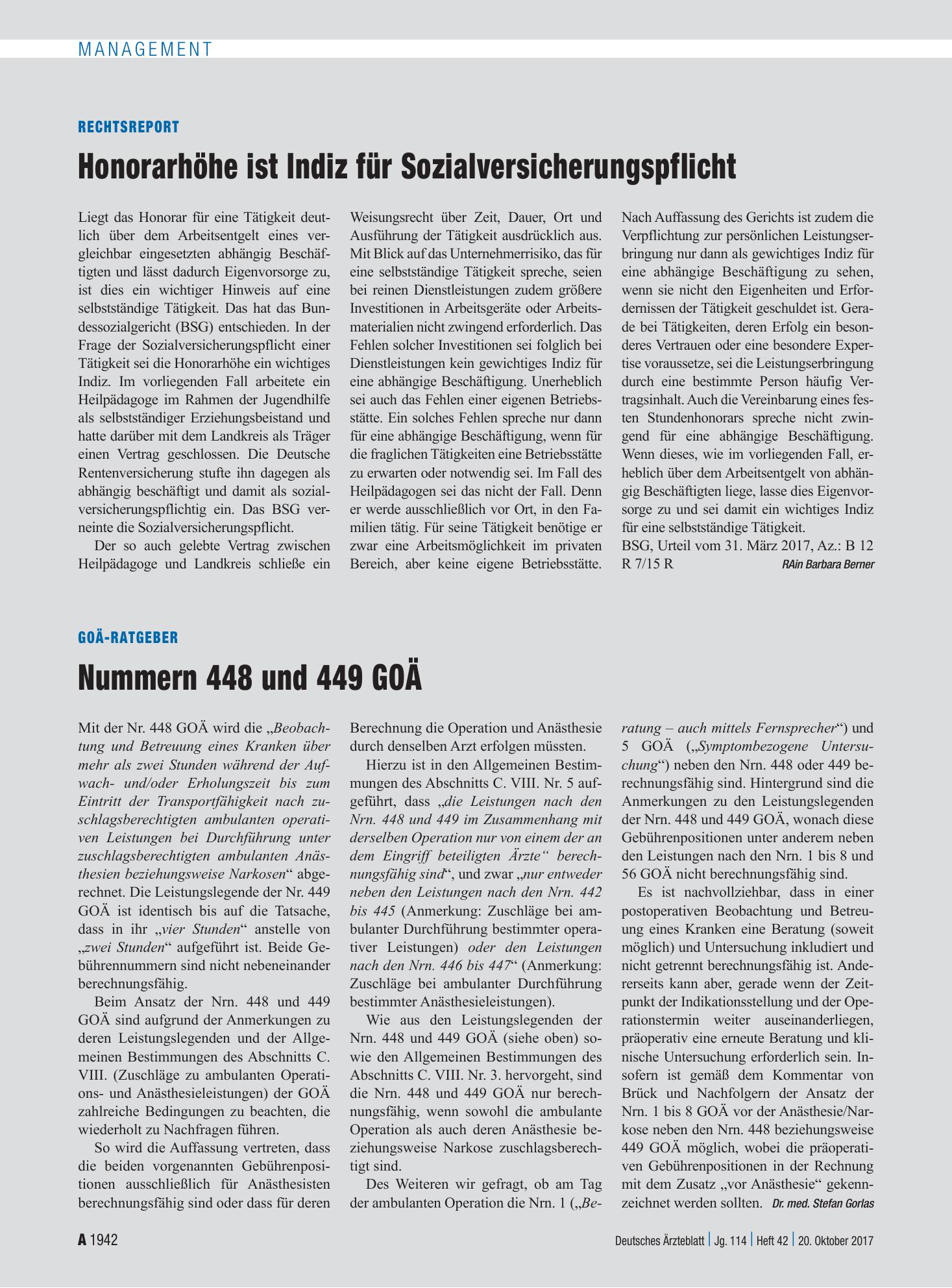 Vorschauseite 1: GOÄ-Ratgeber: Nummern 448 und 449 GOÄ – Deutsches Ärzteblatt