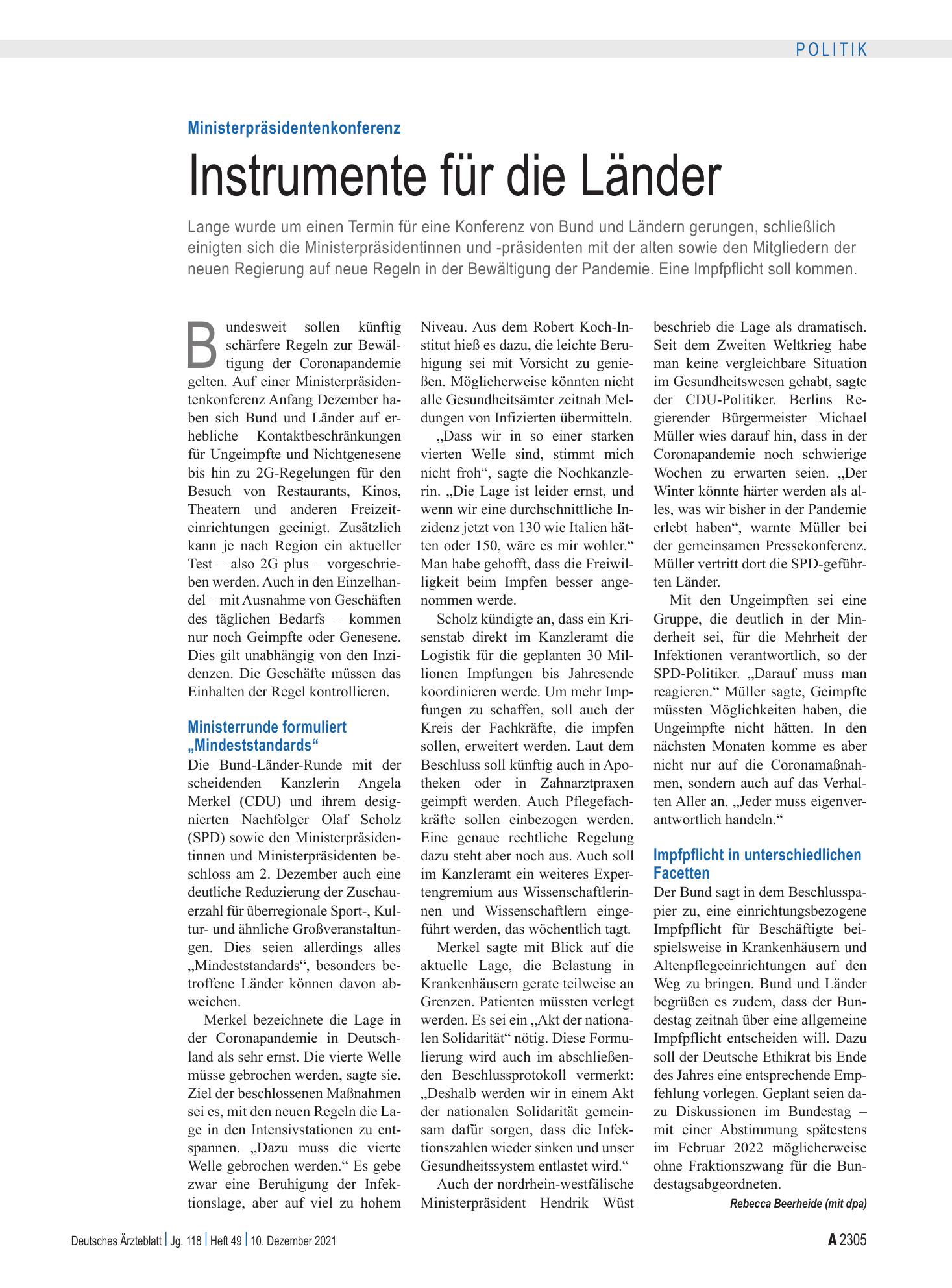 Vorschauseite 1: Ministerpräsidentenkonferenz: Instrumente für die Länder – Deutsches Ärzteblatt