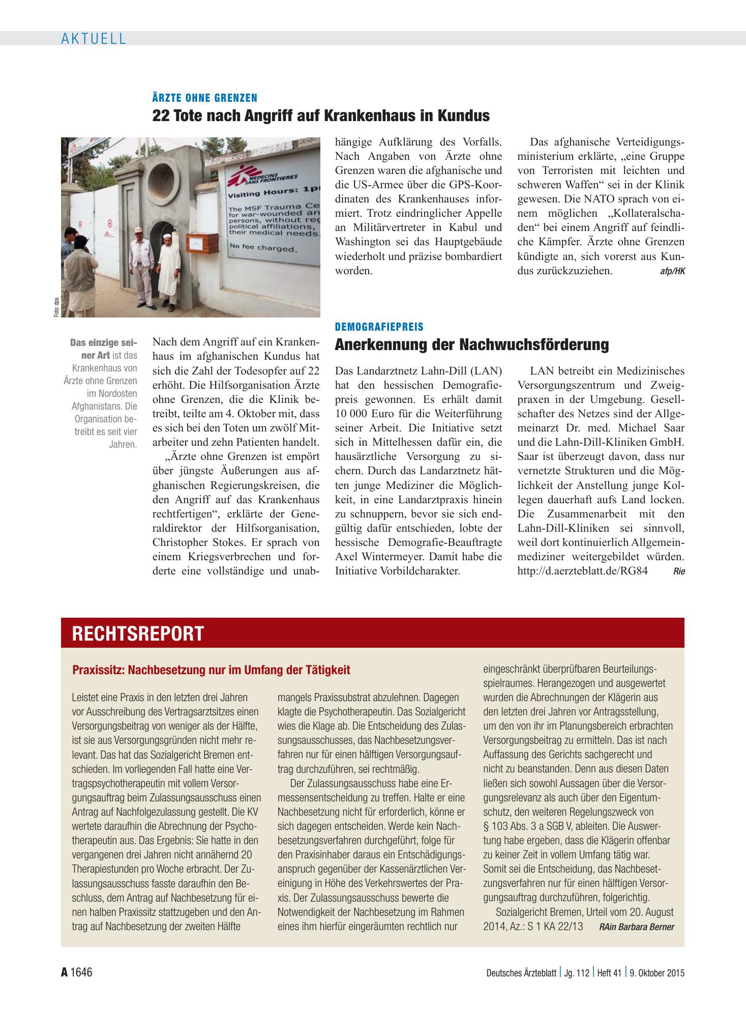Vorschauseite 1: Demografiepreis: Anerkennung der Nachwuchsförderung – Deutsches Ärzteblatt