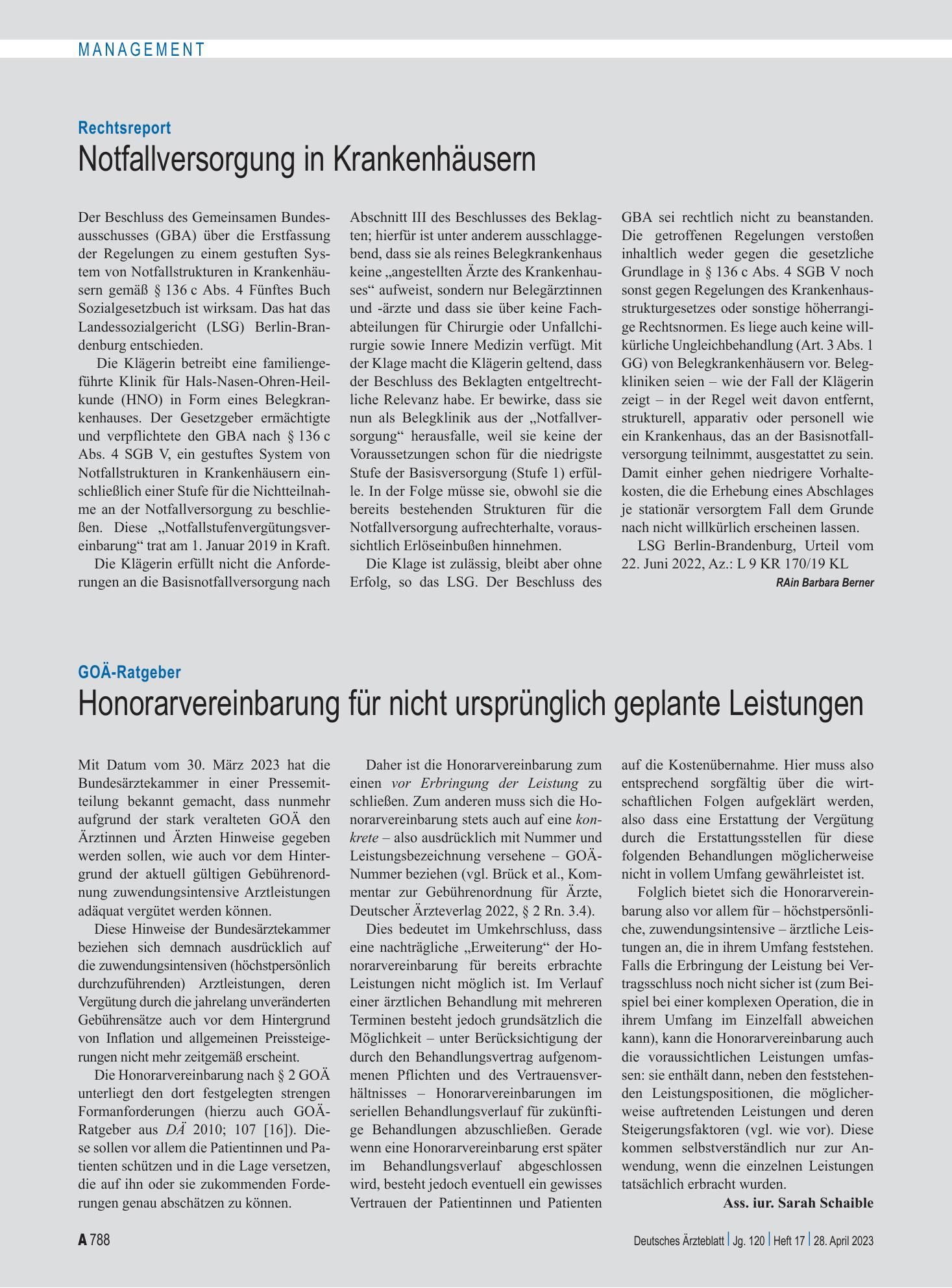 Vorschauseite 1: Rechtsreport: Notfallversorgung in Krankenhäusern – Deutsches Ärzteblatt