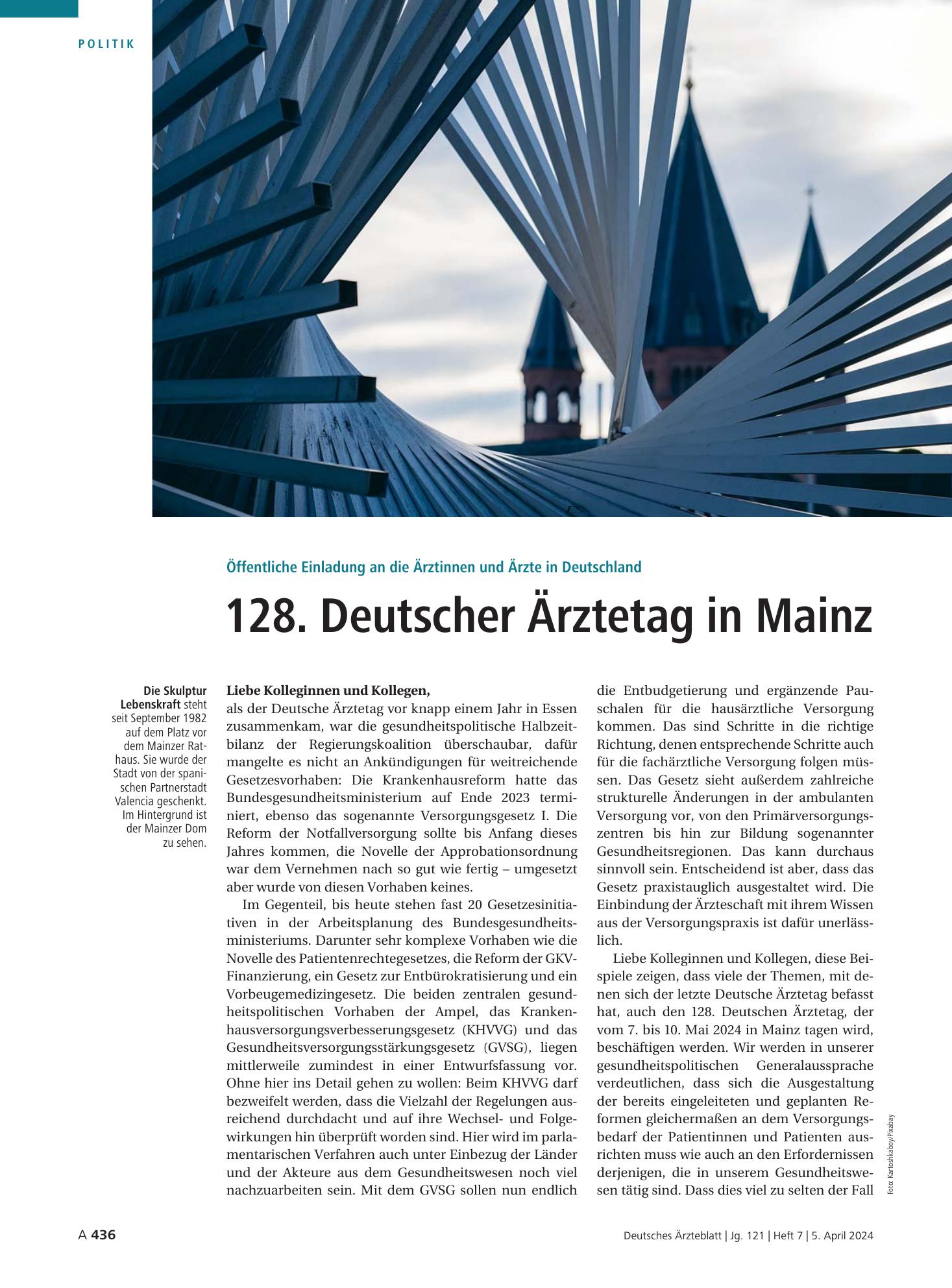 Vorschauseite 1: Öffentliche Einladung an die Ärztinnen und Ärzte in Deutschland: 128. Deutscher Ärztetag in Mainz – Deutsches Ärzteblatt